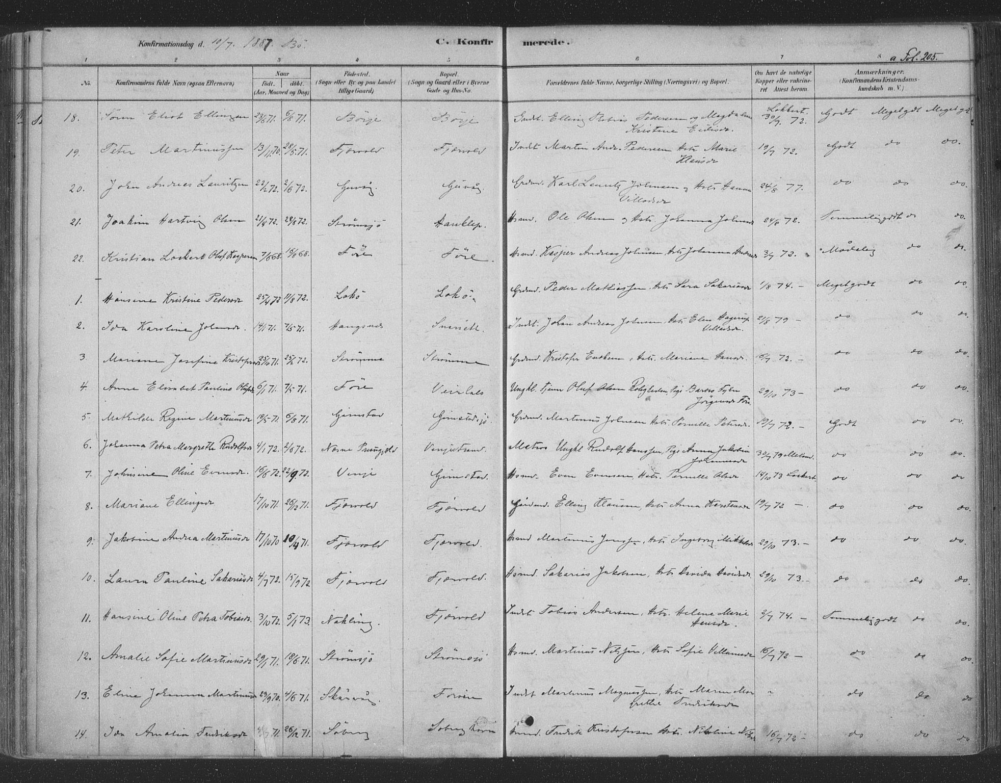 Ministerialprotokoller, klokkerbøker og fødselsregistre - Nordland, AV/SAT-A-1459/891/L1302: Ministerialbok nr. 891A07, 1878-1895, s. 205