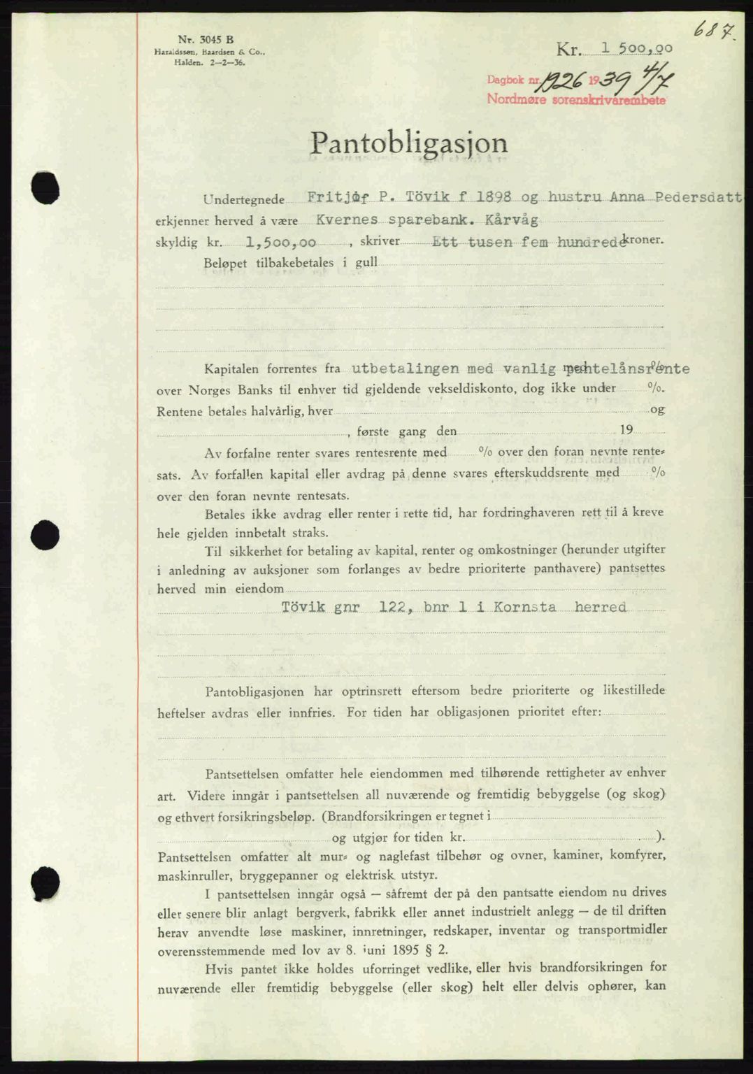 Nordmøre sorenskriveri, SAT/A-4132/1/2/2Ca: Pantebok nr. B85, 1939-1939, Dagboknr: 1926/1939