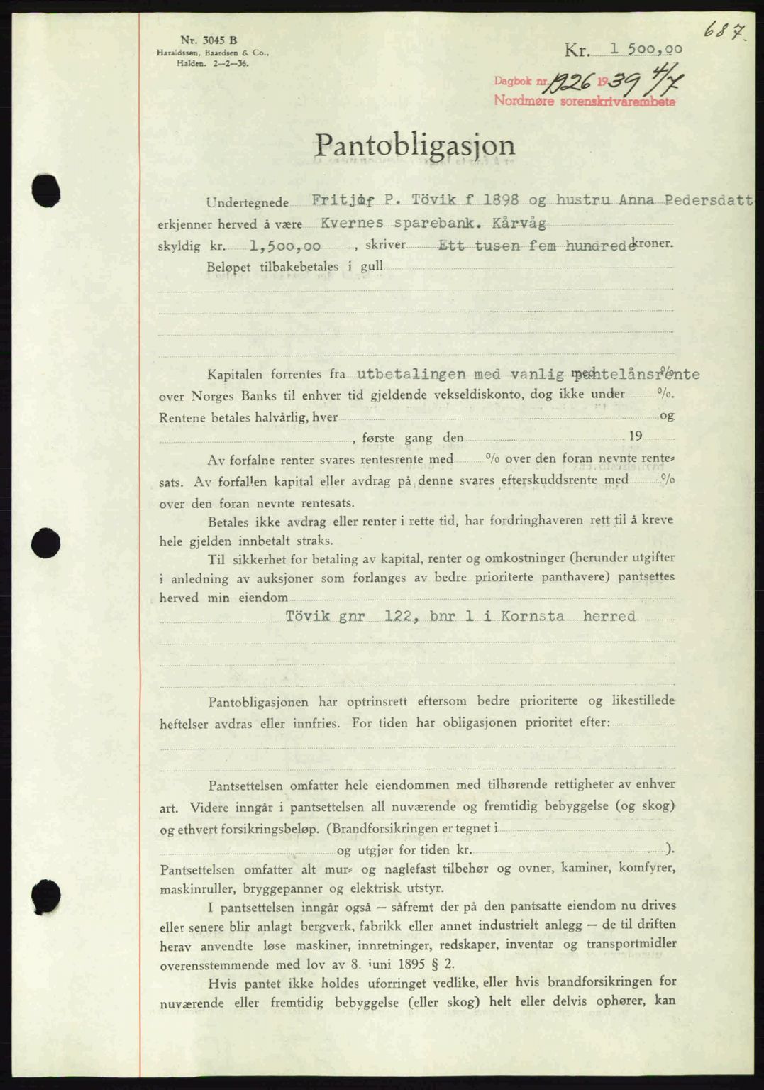 Nordmøre sorenskriveri, AV/SAT-A-4132/1/2/2Ca: Pantebok nr. B85, 1939-1939, Dagboknr: 1926/1939