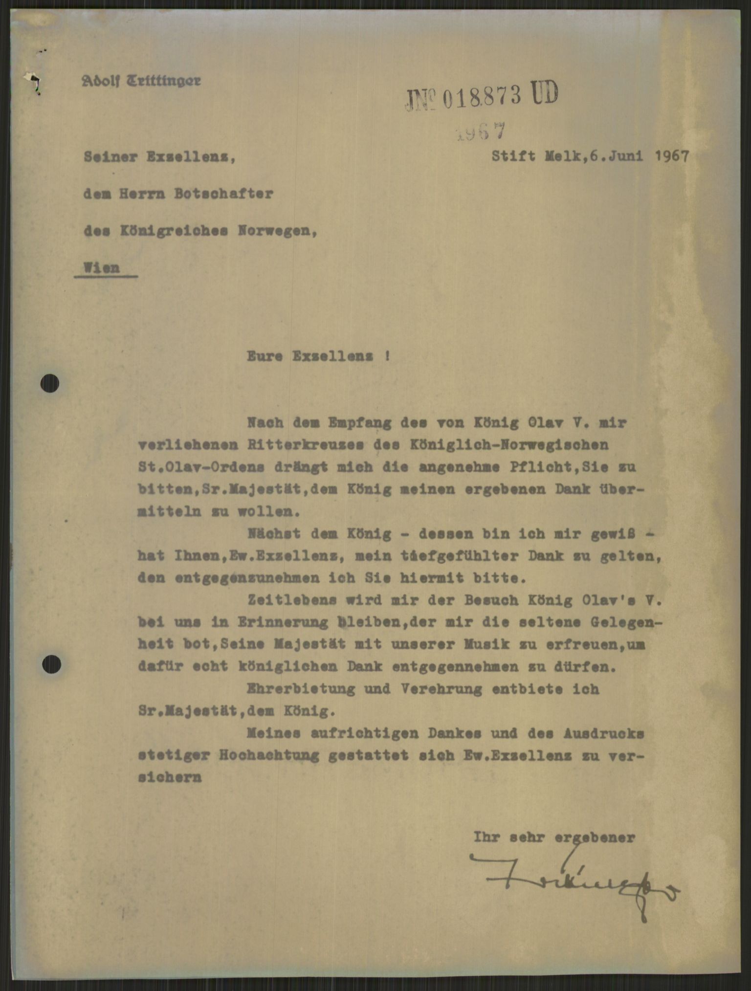 Utenriksdepartementet, hovedarkiv, AV/RA-S-6794/D/Da/Daa/L0542: Ordensvesen. Statsoverhoders og fyrsters jubiléer og begravelser. Ordensvesen. Statsoverhoders og fyrsters jubiléer og begravelser. Statsjubiléer. Fyrstebesøk (utvekslinger). Flåtebesøk (utvekslinger), 1960-1969, s. 19