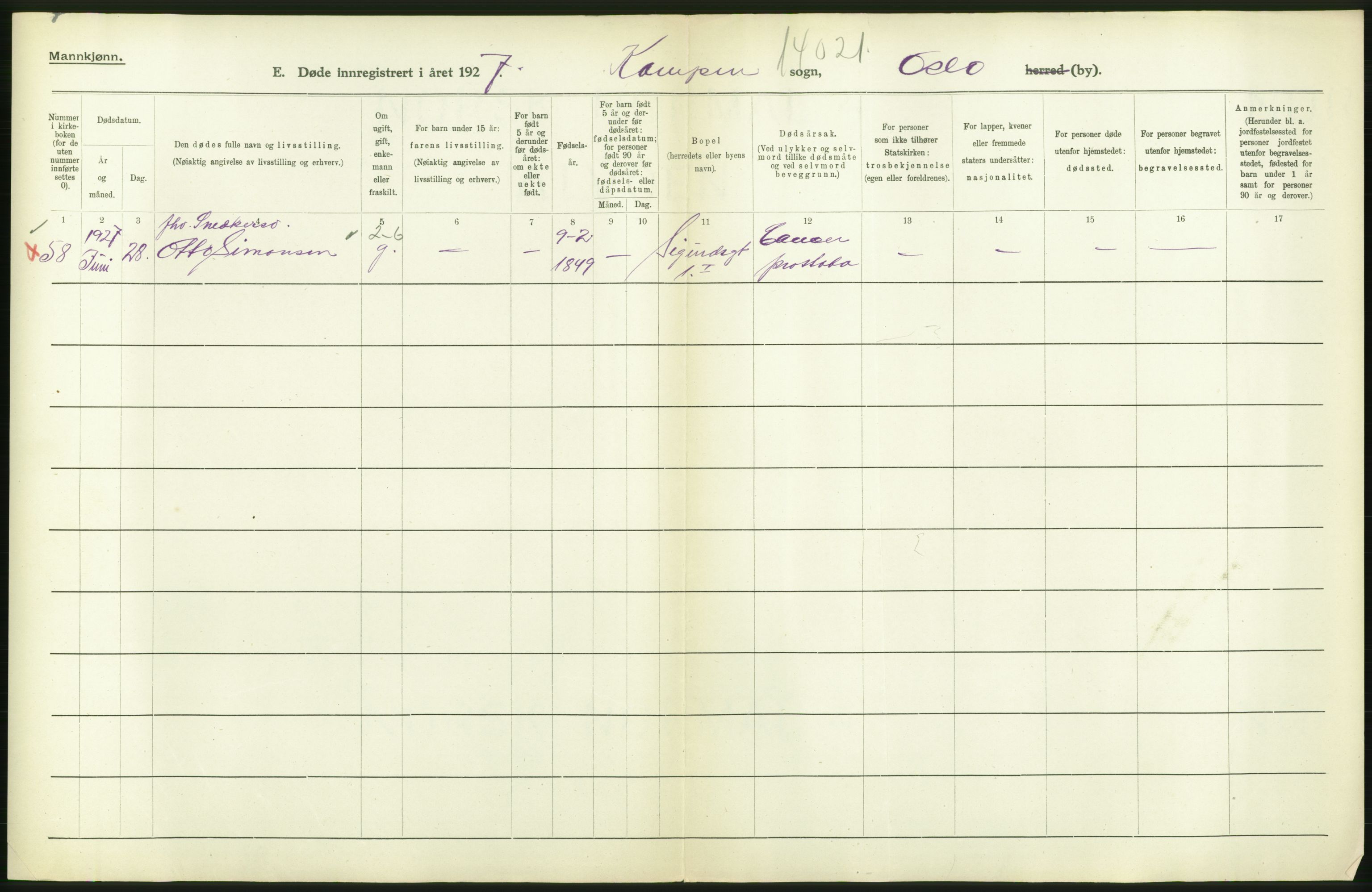 Statistisk sentralbyrå, Sosiodemografiske emner, Befolkning, AV/RA-S-2228/D/Df/Dfc/Dfcg/L0009: Oslo: Døde menn, 1927, s. 494