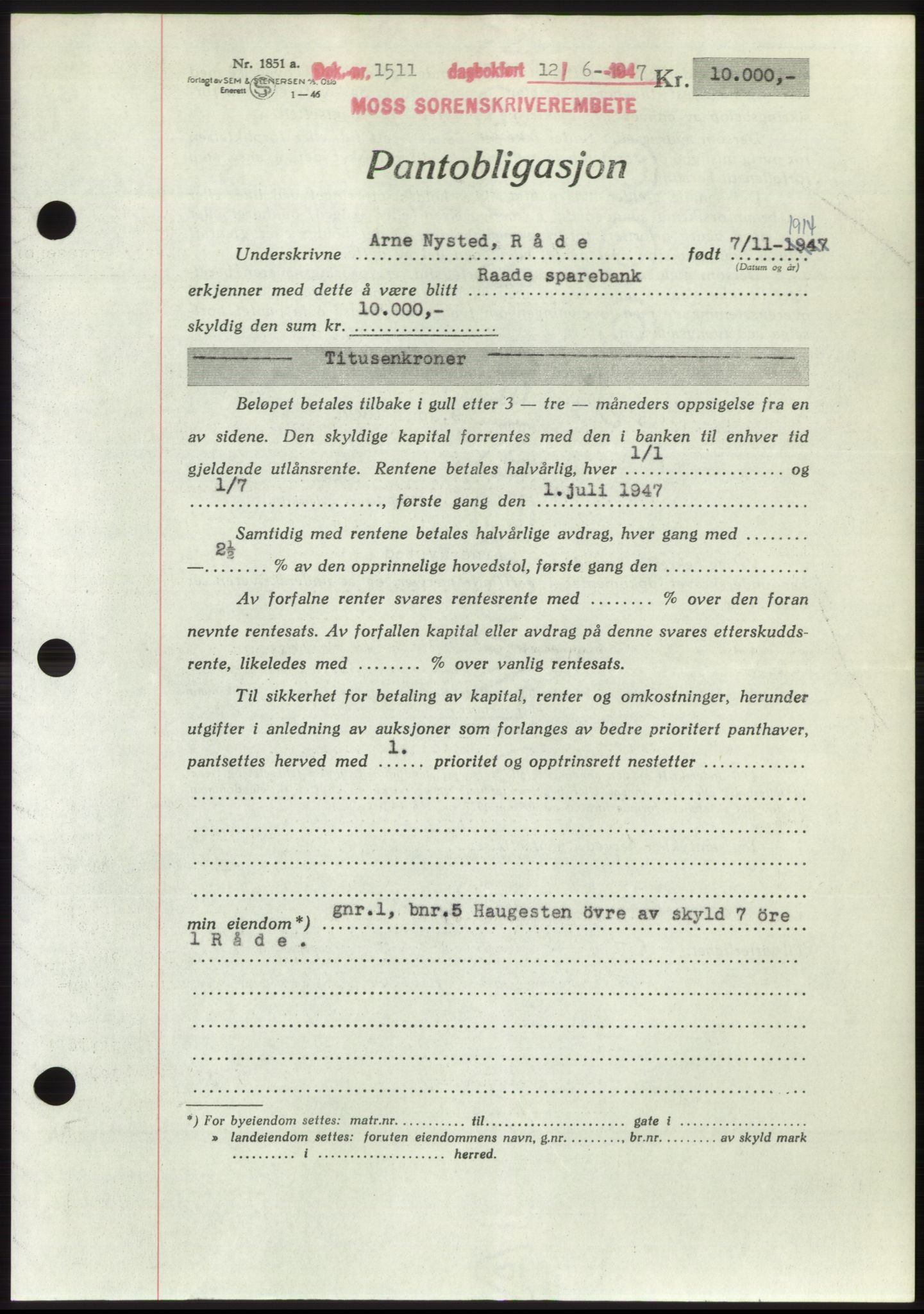 Moss sorenskriveri, SAO/A-10168: Pantebok nr. B17, 1947-1947, Dagboknr: 1511/1947
