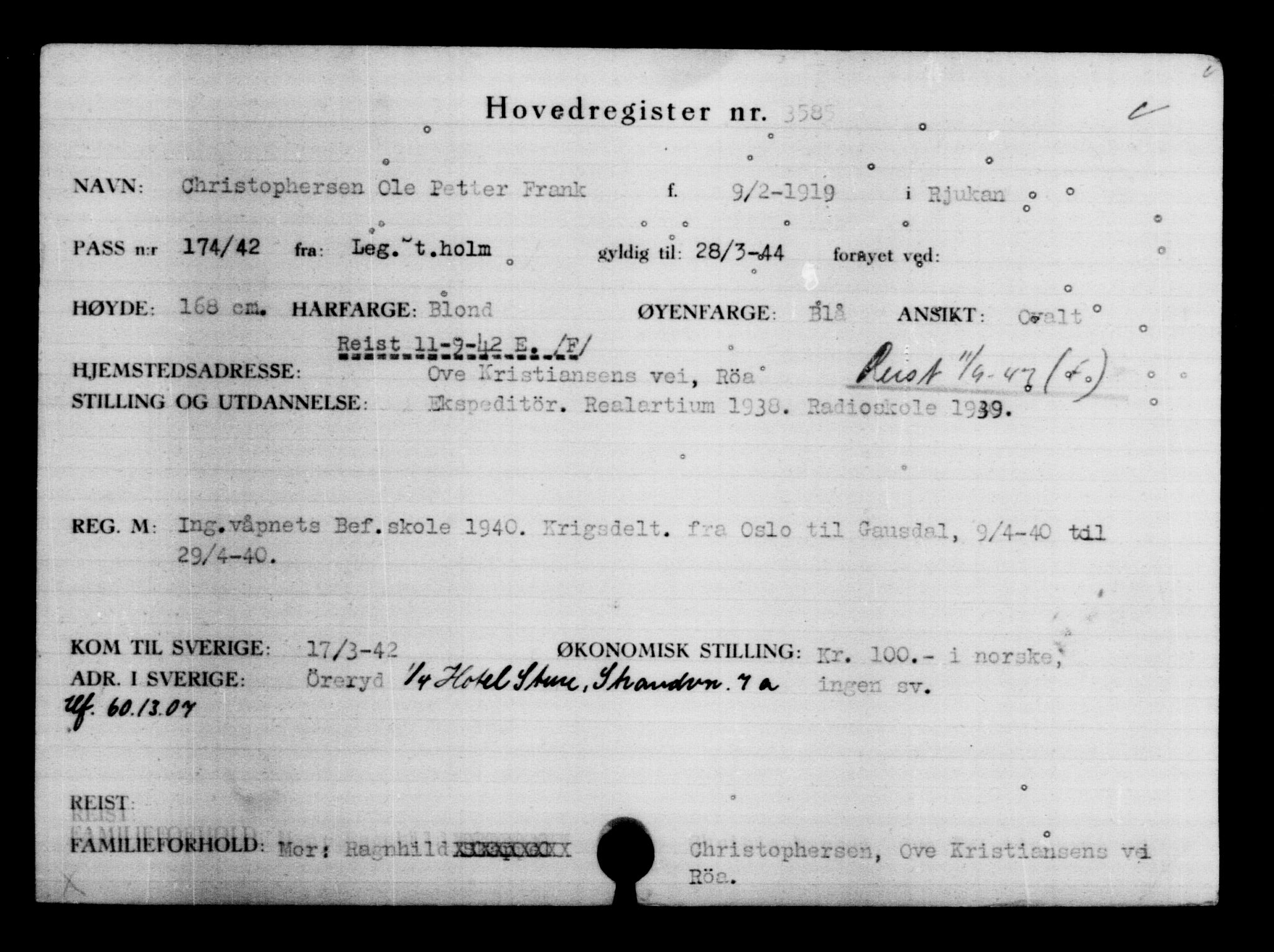 Utenriksstasjonene, Legasjonen i Stockholm, Flyktningkontoret, AV/RA-S-6753/V/Va/L0004: Kjesäterkartoteket, flyktninger med registreringsnr. 3496-6610, 1940-1945, s. 104