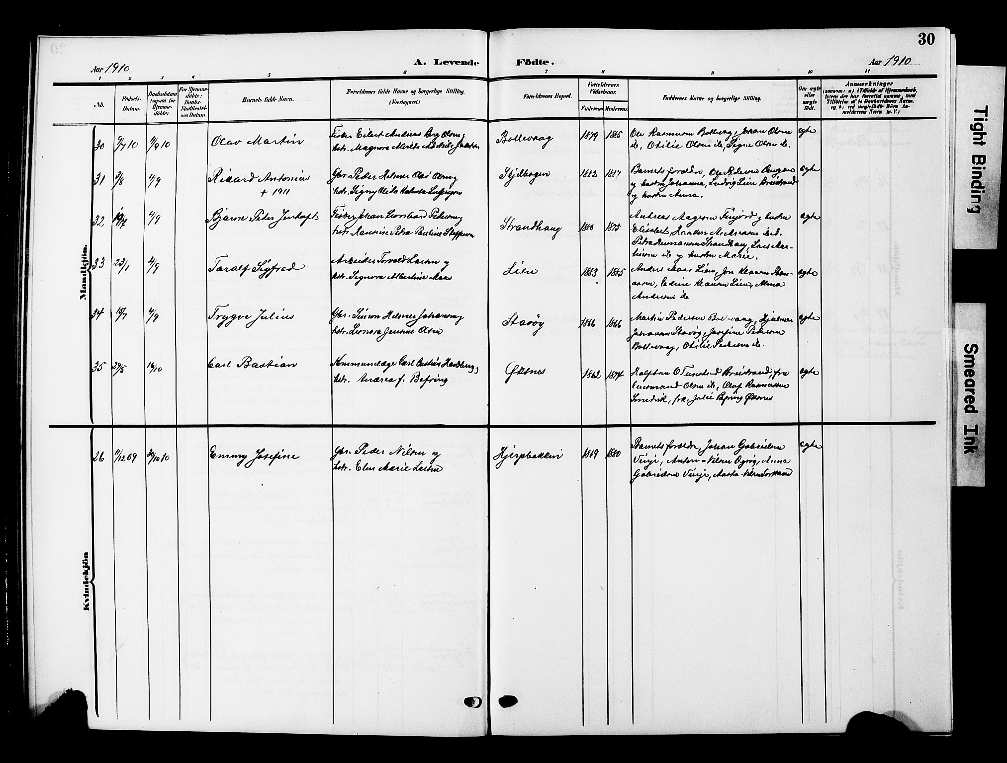 Ministerialprotokoller, klokkerbøker og fødselsregistre - Nordland, AV/SAT-A-1459/893/L1350: Klokkerbok nr. 893C05, 1906-1927, s. 30