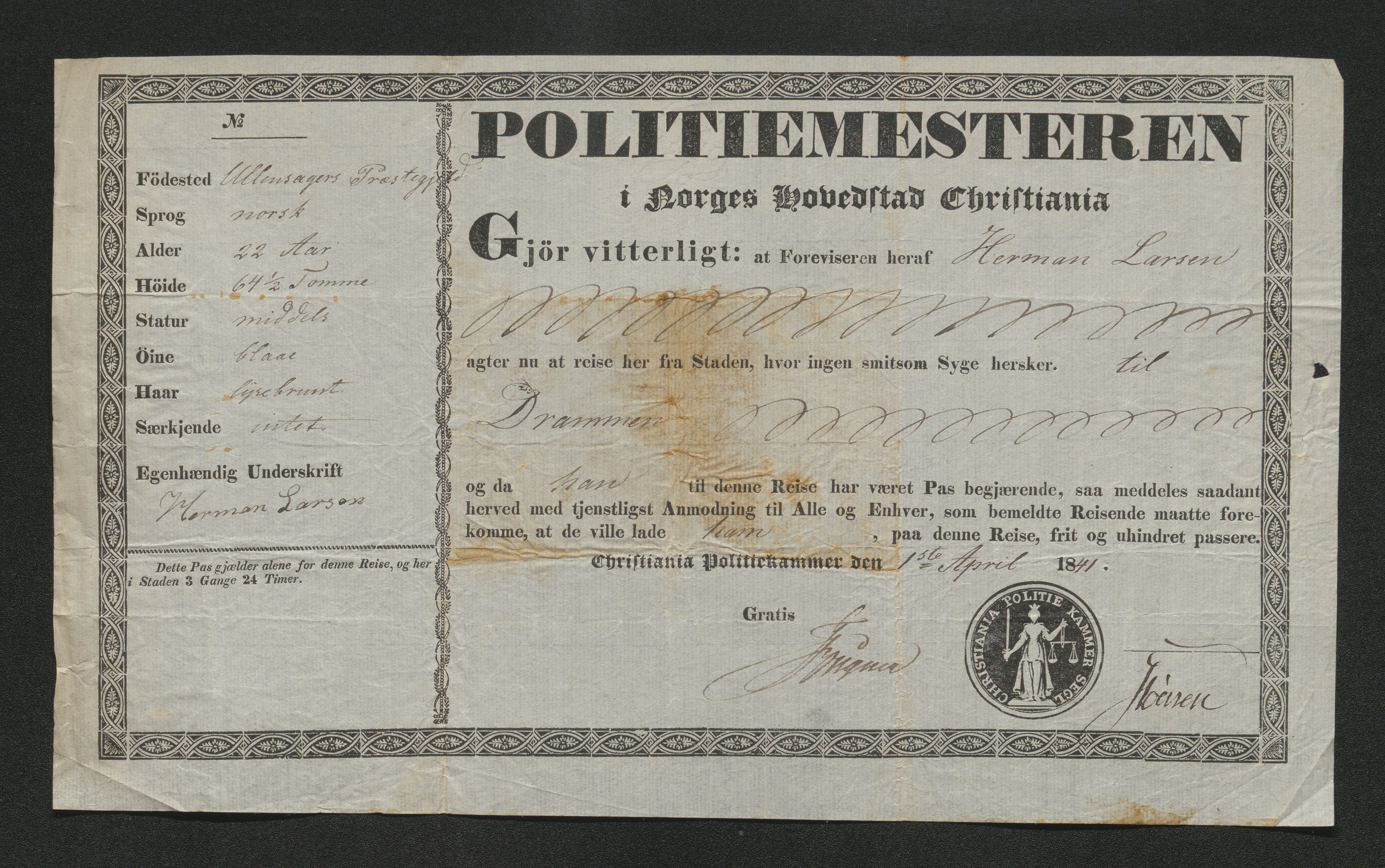 Drammen politikammer, AV/SAKO-A-623/I/Ia/Iab/L0006: Innleverte pass, 1841-1842, s. 118