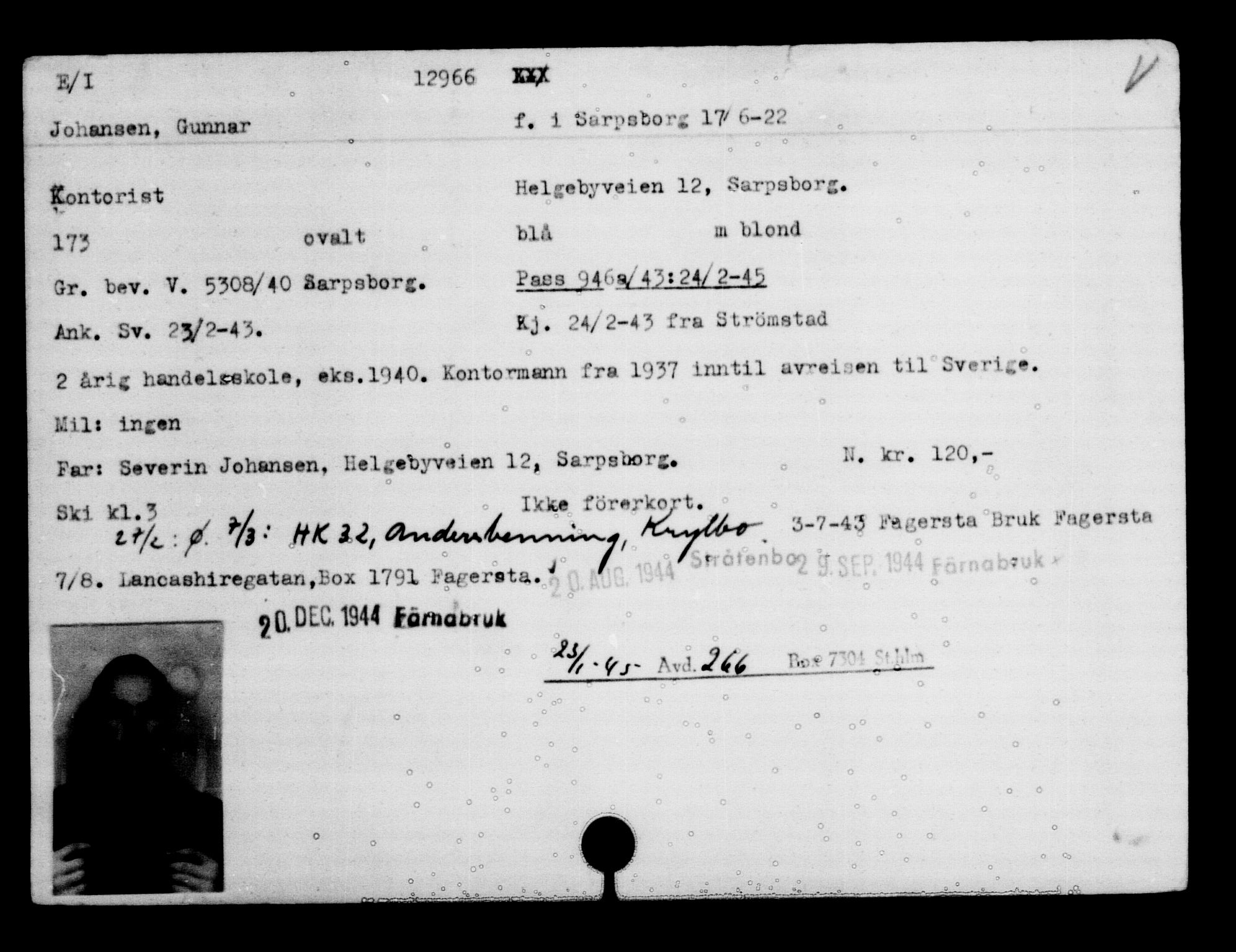 Den Kgl. Norske Legasjons Flyktningskontor, AV/RA-S-6753/V/Va/L0007: Kjesäterkartoteket.  Flyktningenr. 12700-15723, 1940-1945, s. 312