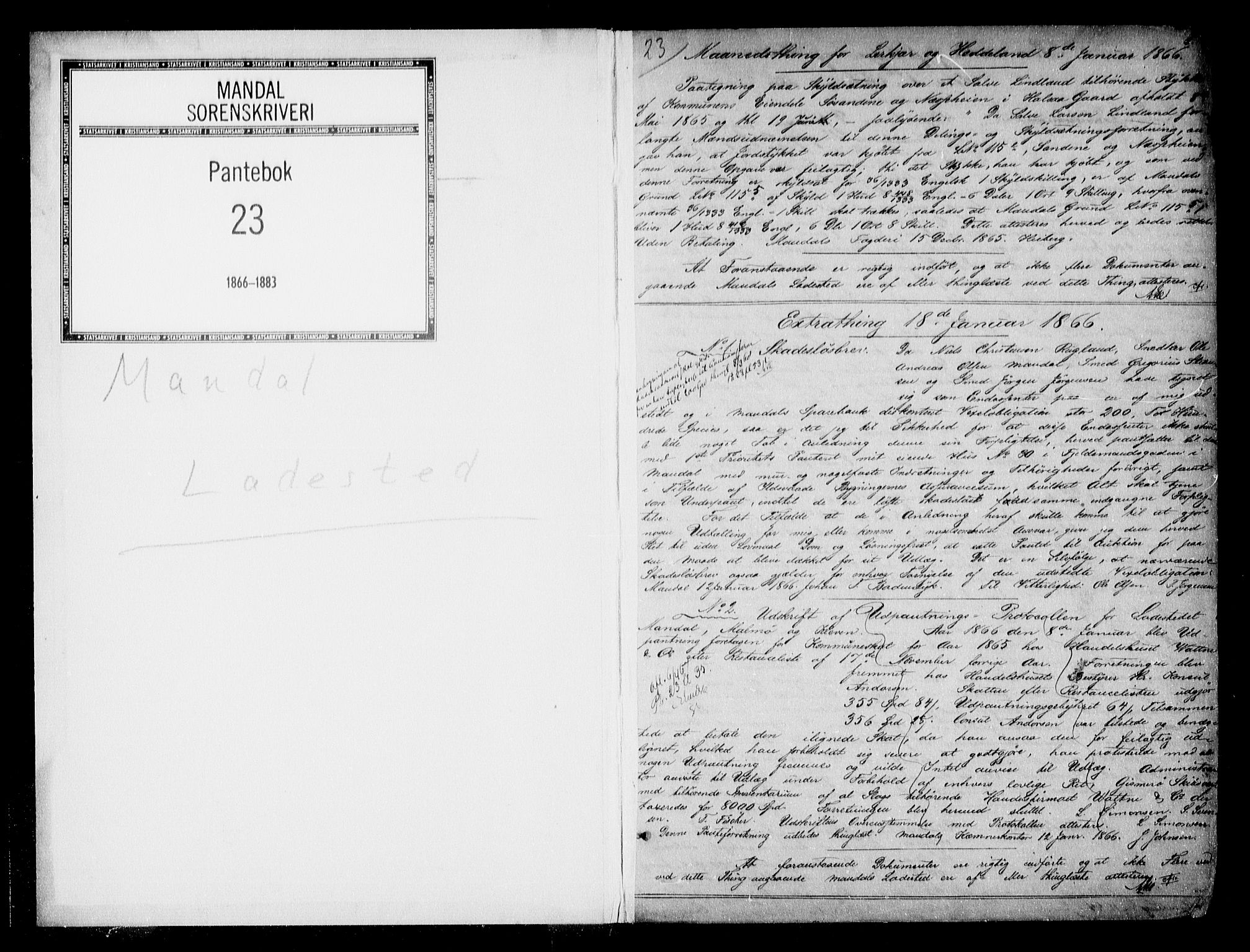 Mandal sorenskriveri, SAK/1221-0005/001/G/Gb/Gba/L0042: Pantebok nr. 23, 1866-1883, s. 1