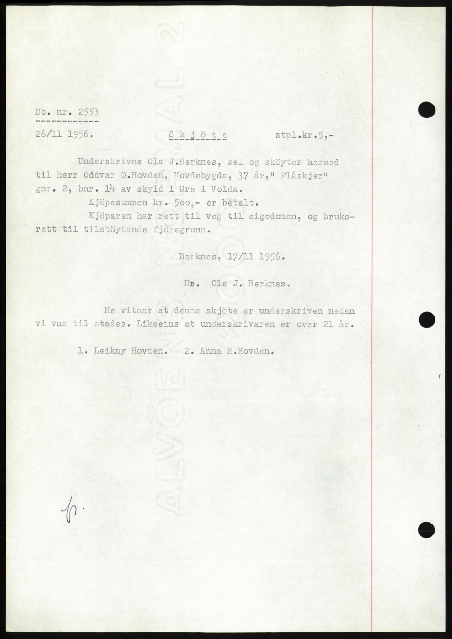 Søre Sunnmøre sorenskriveri, AV/SAT-A-4122/1/2/2C/L0105: Pantebok nr. 31A, 1956-1957, Dagboknr: 2553/1956