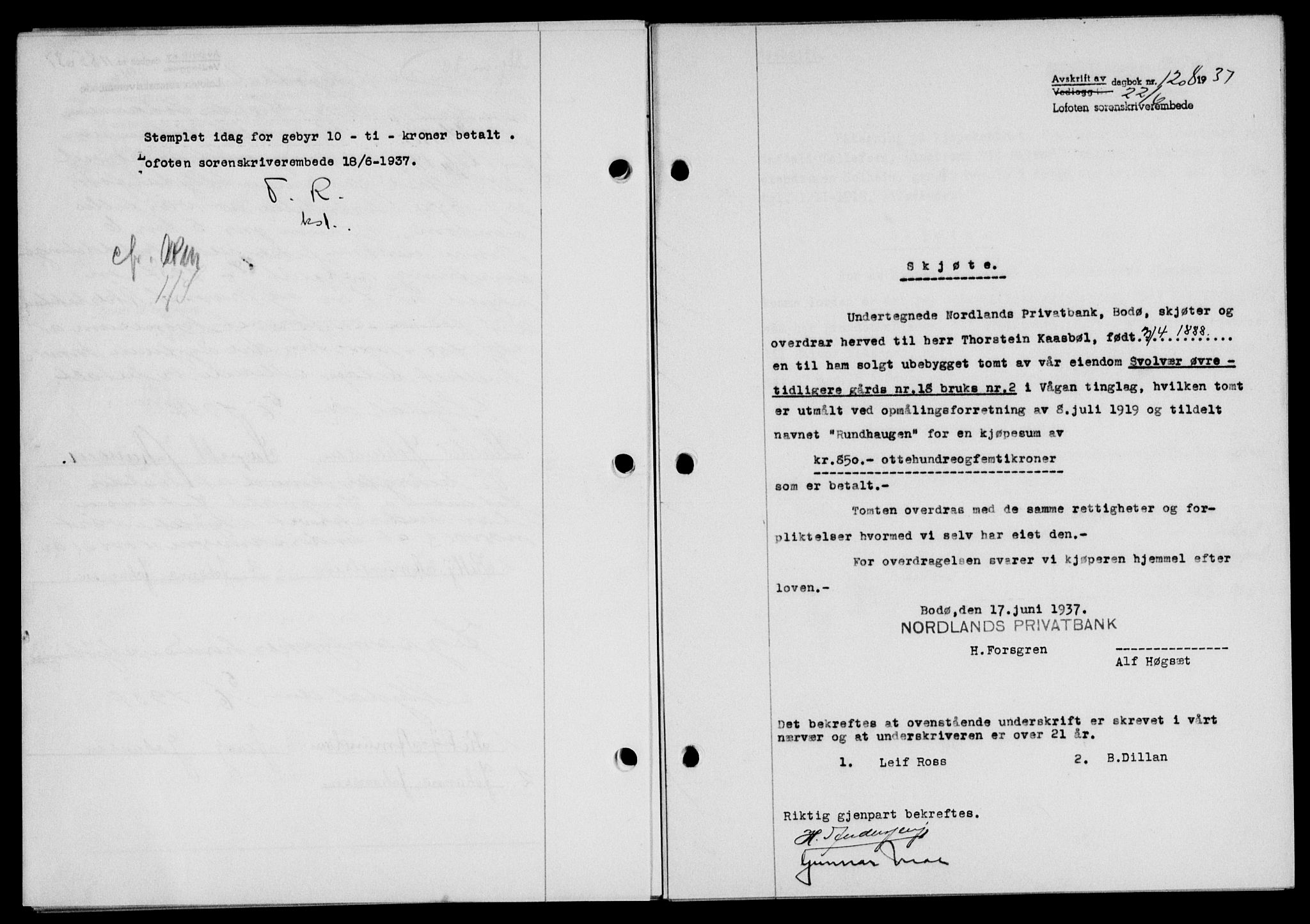 Lofoten sorenskriveri, SAT/A-0017/1/2/2C/L0002a: Pantebok nr. 2a, 1937-1937, Dagboknr: 1208/1937