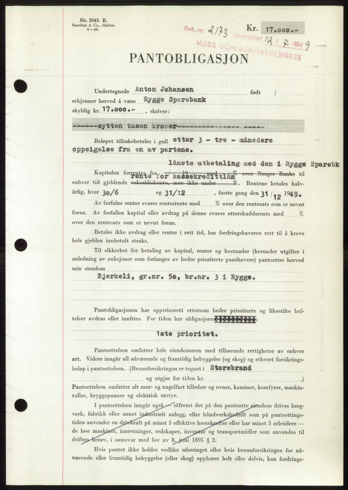 Moss sorenskriveri, SAO/A-10168: Pantebok nr. B22, 1949-1949, Dagboknr: 2173/1949