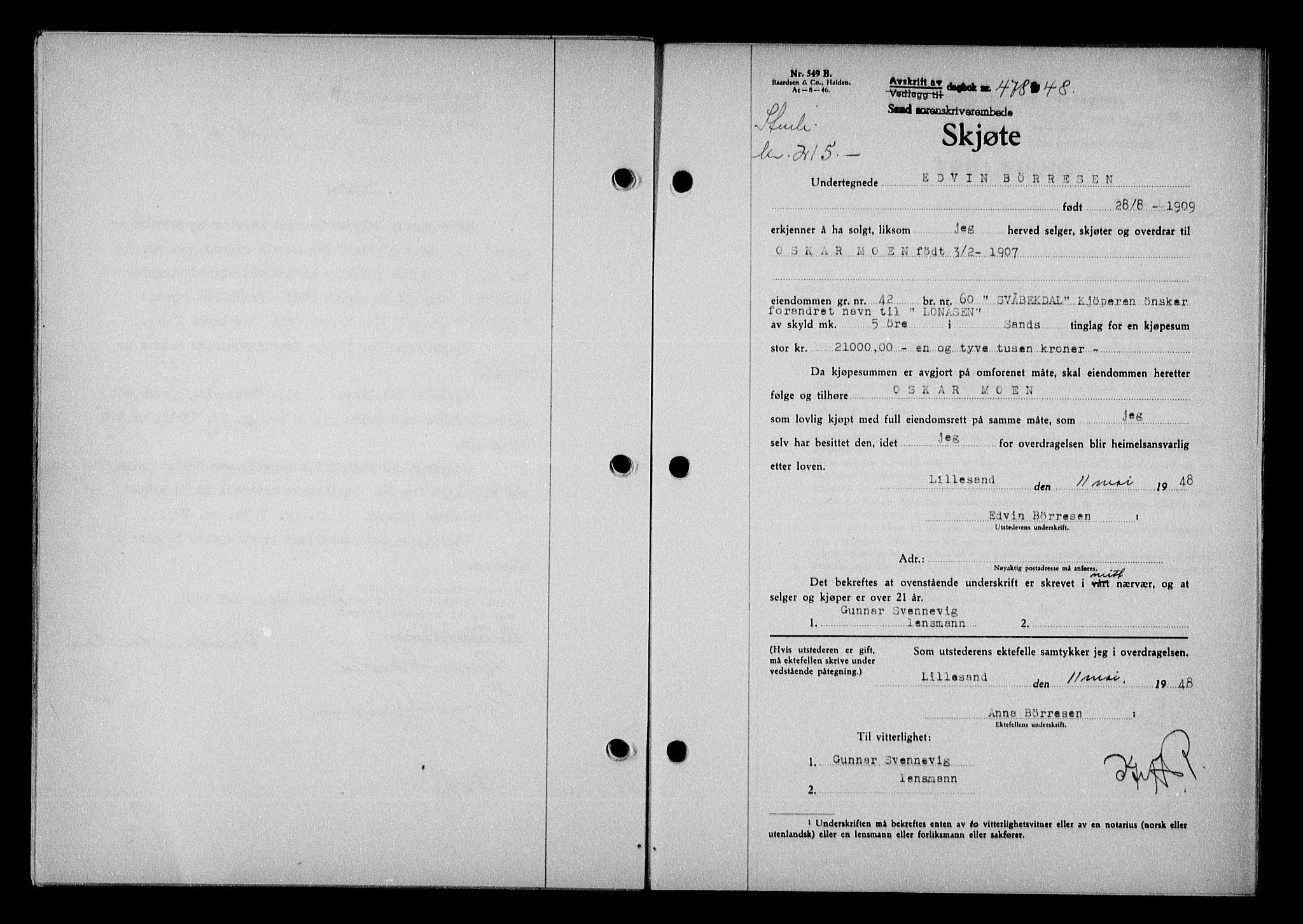 Vestre Nedenes/Sand sorenskriveri, SAK/1221-0010/G/Gb/Gba/L0057: Pantebok nr. A 10, 1947-1948, Dagboknr: 478/1948