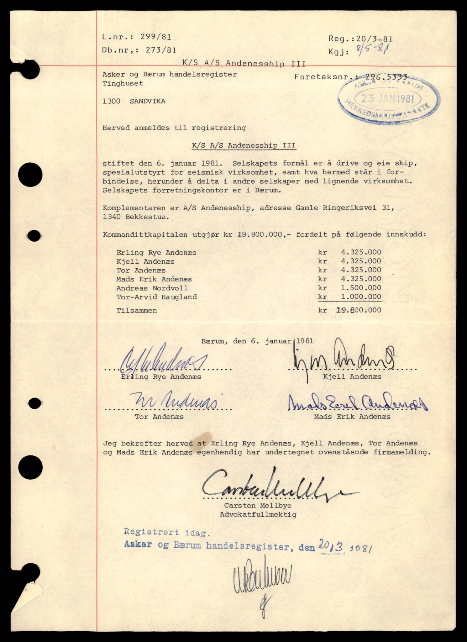Asker og Bærum tingrett, AV/SAT-A-10379/K/Ka/Kab/L0036: Kommandittselskap og stiftelser i Bærum, A - Å, 1944-1989, s. 3