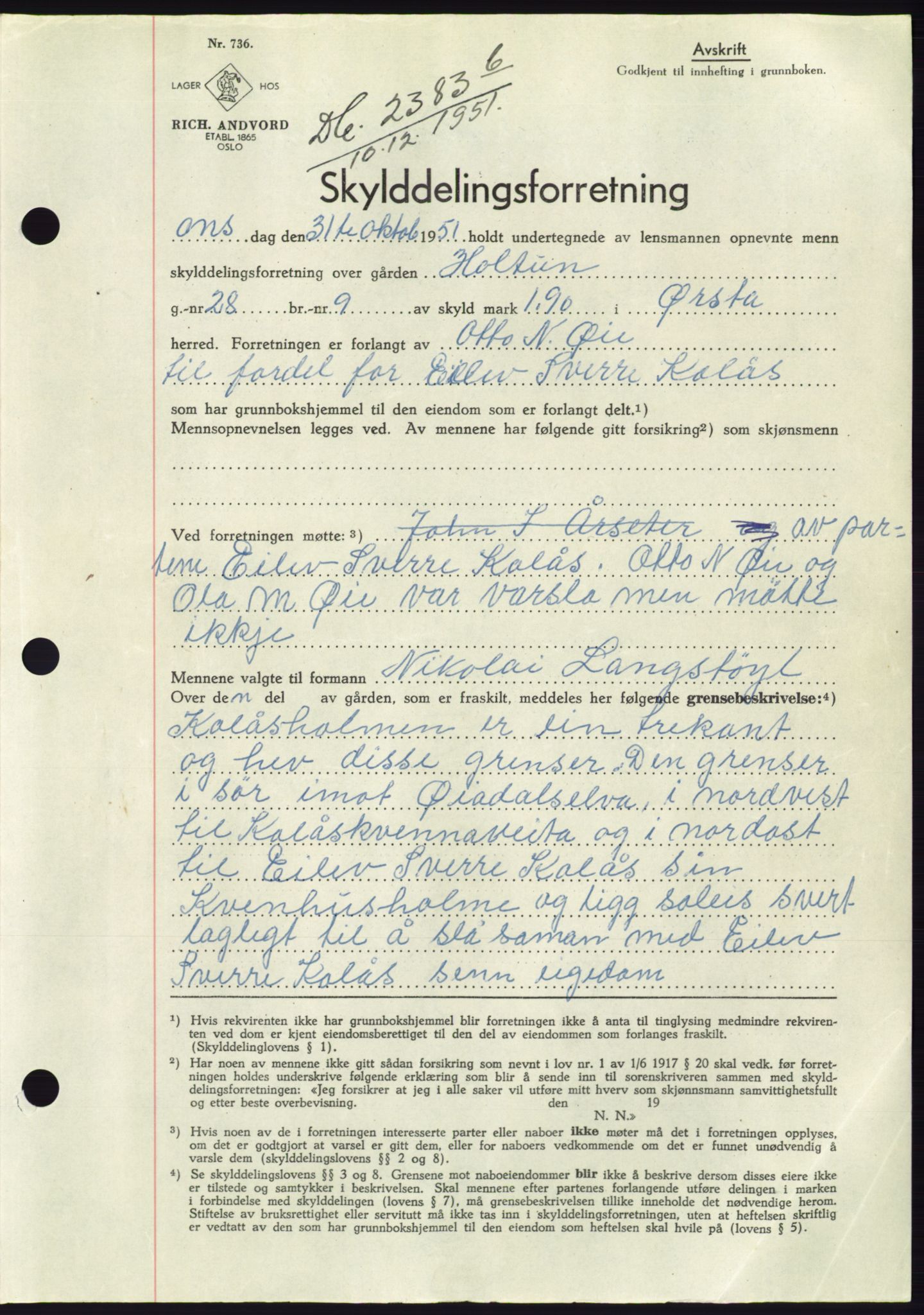 Søre Sunnmøre sorenskriveri, AV/SAT-A-4122/1/2/2C/L0090: Pantebok nr. 16A, 1951-1951, Dagboknr: 2383/1951