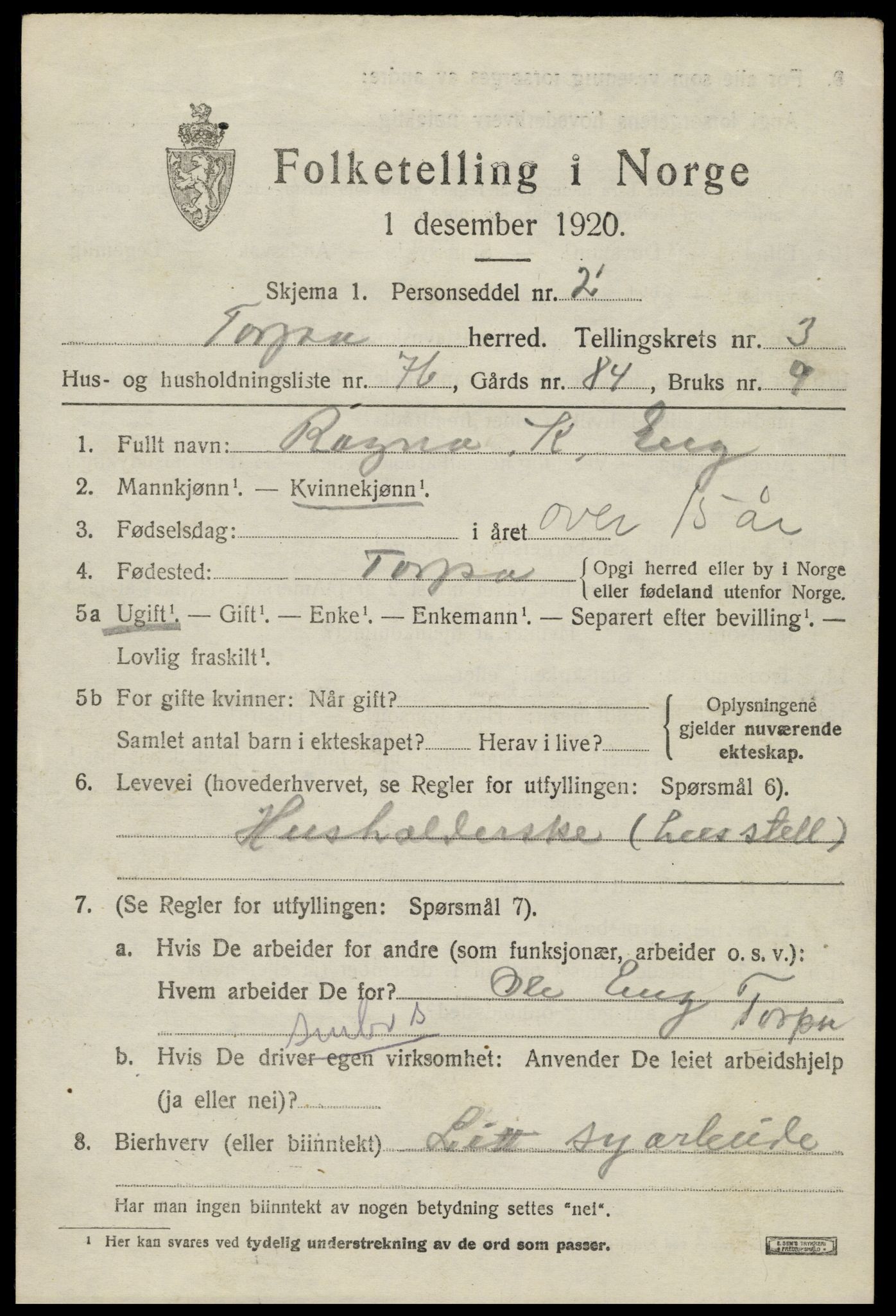 SAH, Folketelling 1920 for 0539 Torpa herred, 1920, s. 2961