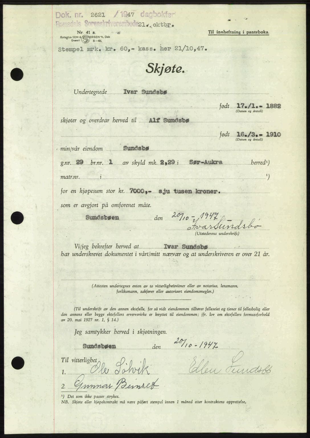 Romsdal sorenskriveri, AV/SAT-A-4149/1/2/2C: Pantebok nr. A24, 1947-1947, Dagboknr: 2621/1947