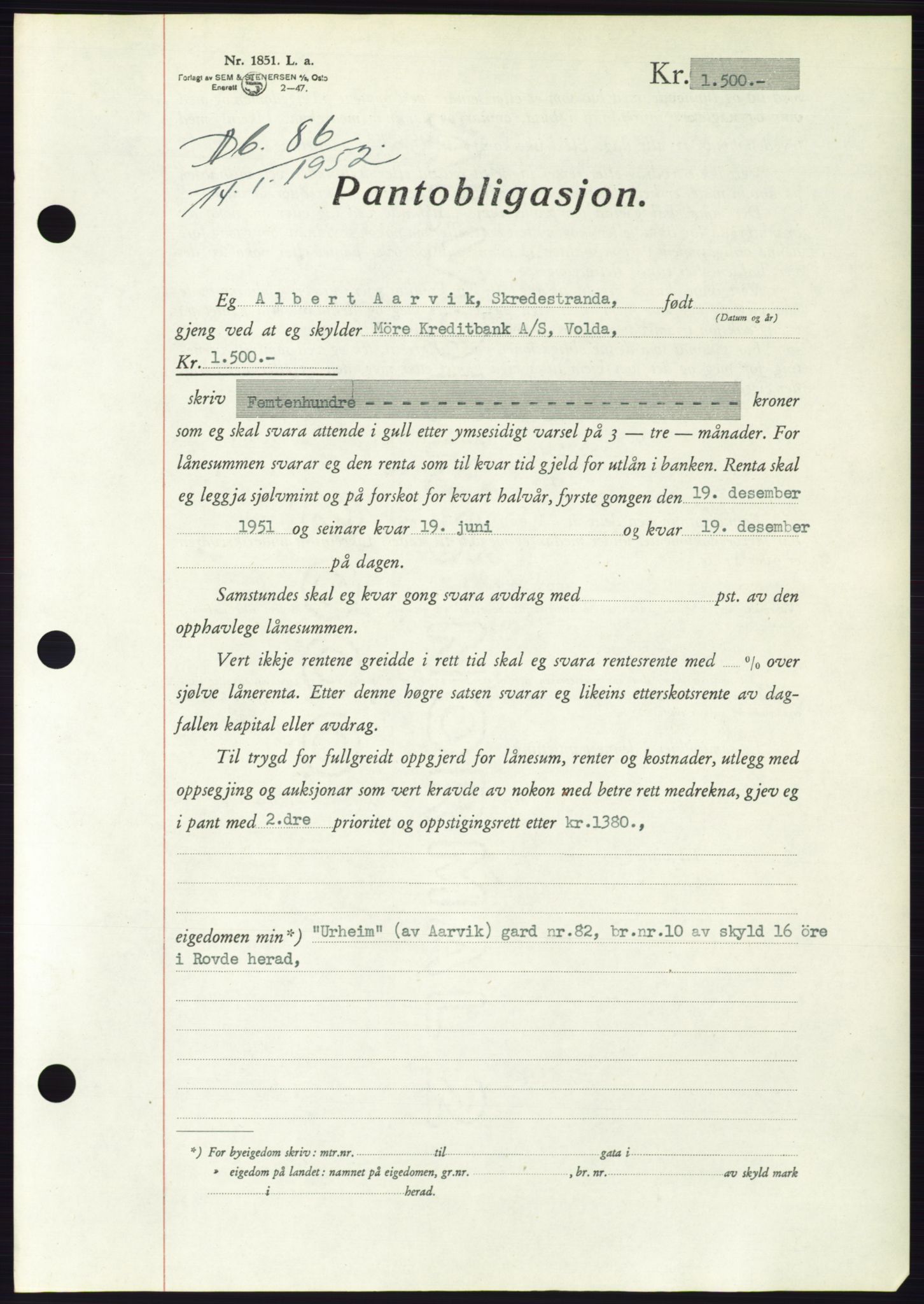 Søre Sunnmøre sorenskriveri, AV/SAT-A-4122/1/2/2C/L0121: Pantebok nr. 9B, 1951-1952, Dagboknr: 86/1952