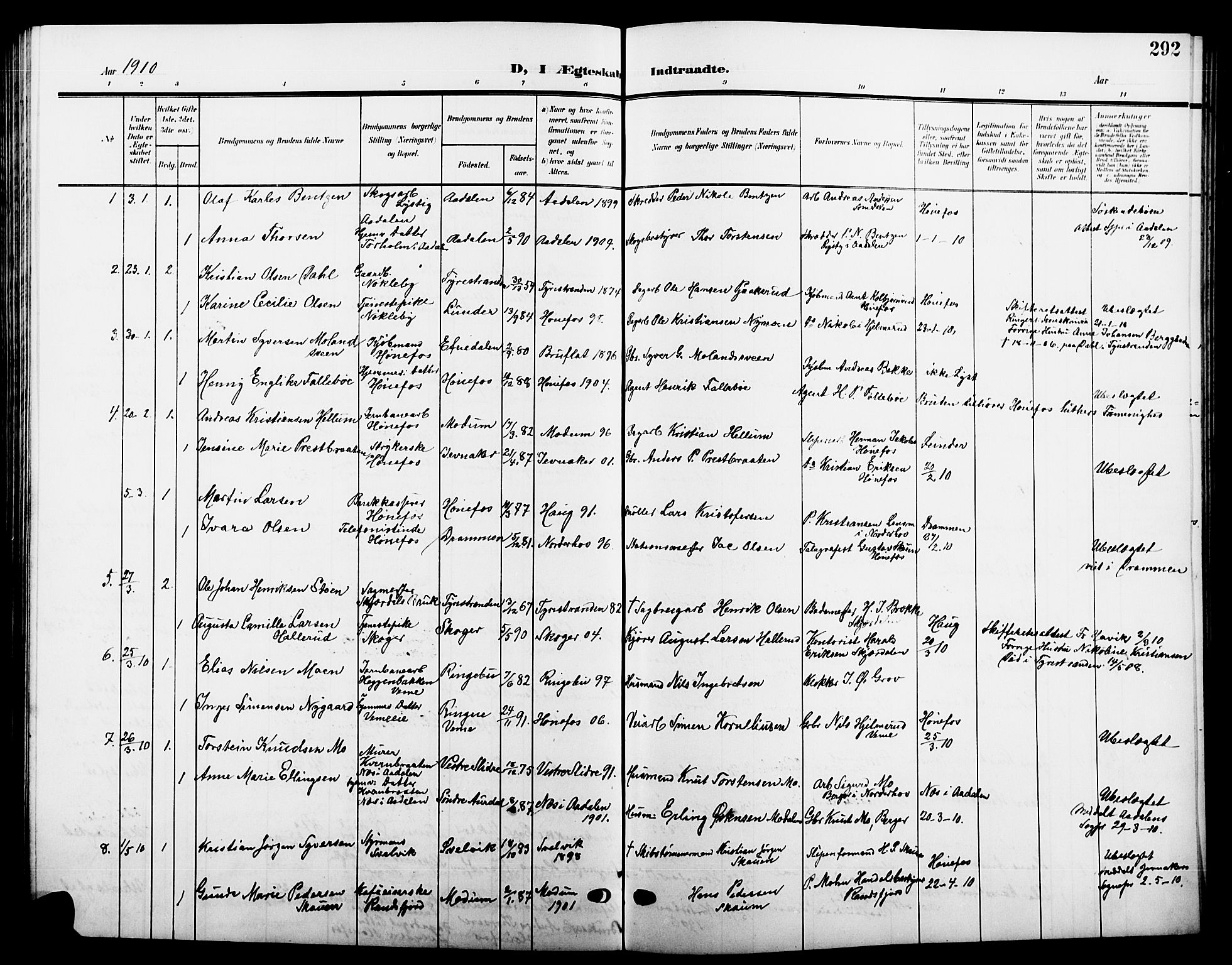 Hønefoss kirkebøker, AV/SAKO-A-609/G/Ga/L0003: Klokkerbok nr. 3, 1905-1925, s. 292