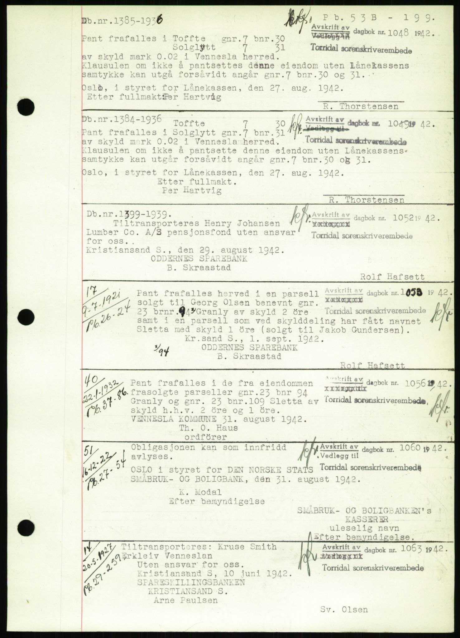 Torridal sorenskriveri, SAK/1221-0012/G/Gb/Gbb/L0009: Pantebok nr. 53b, 1942-1943, Dagboknr: 1048/1942