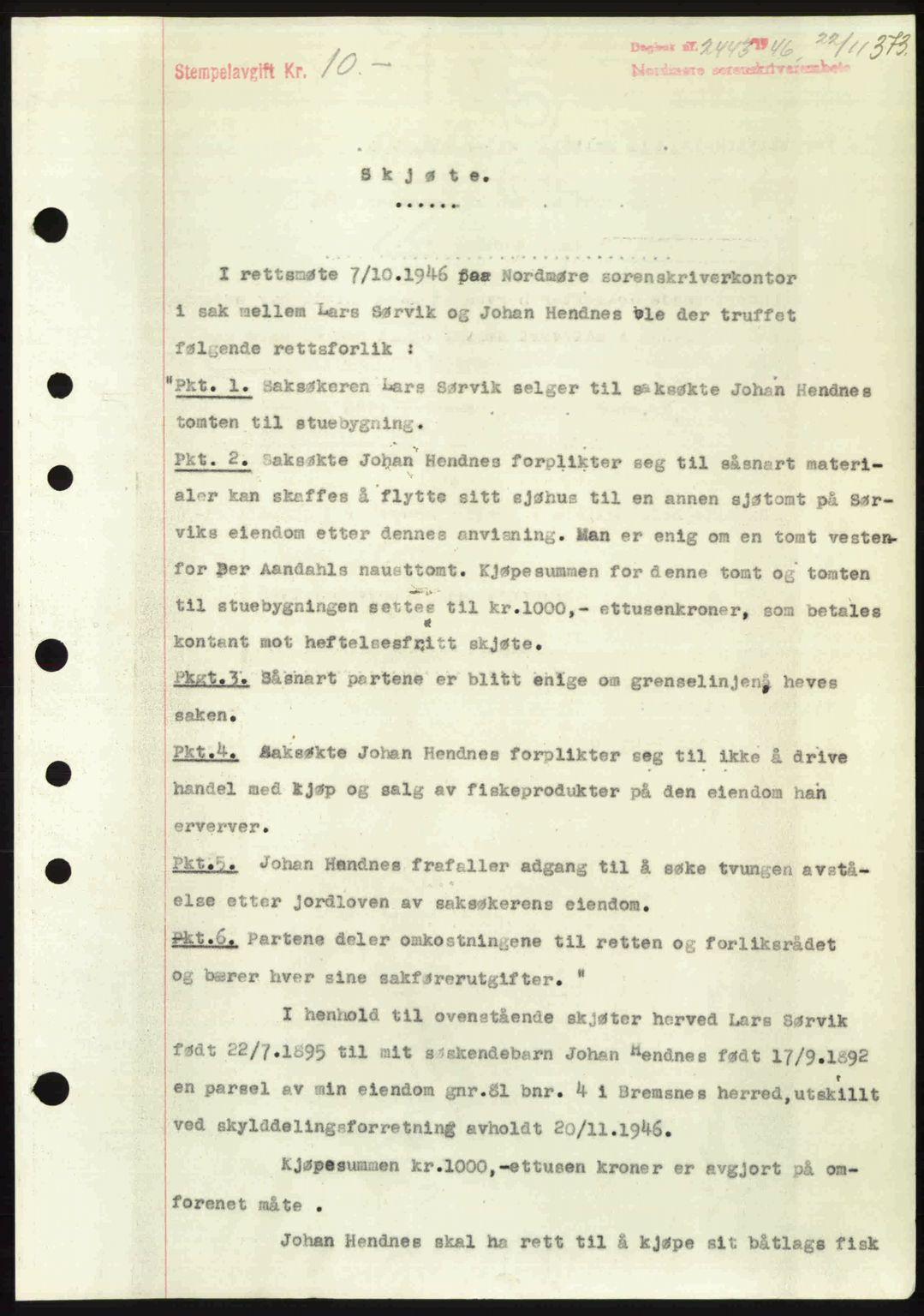 Nordmøre sorenskriveri, SAT/A-4132/1/2/2Ca: Pantebok nr. A103, 1946-1947, Dagboknr: 2443/1946