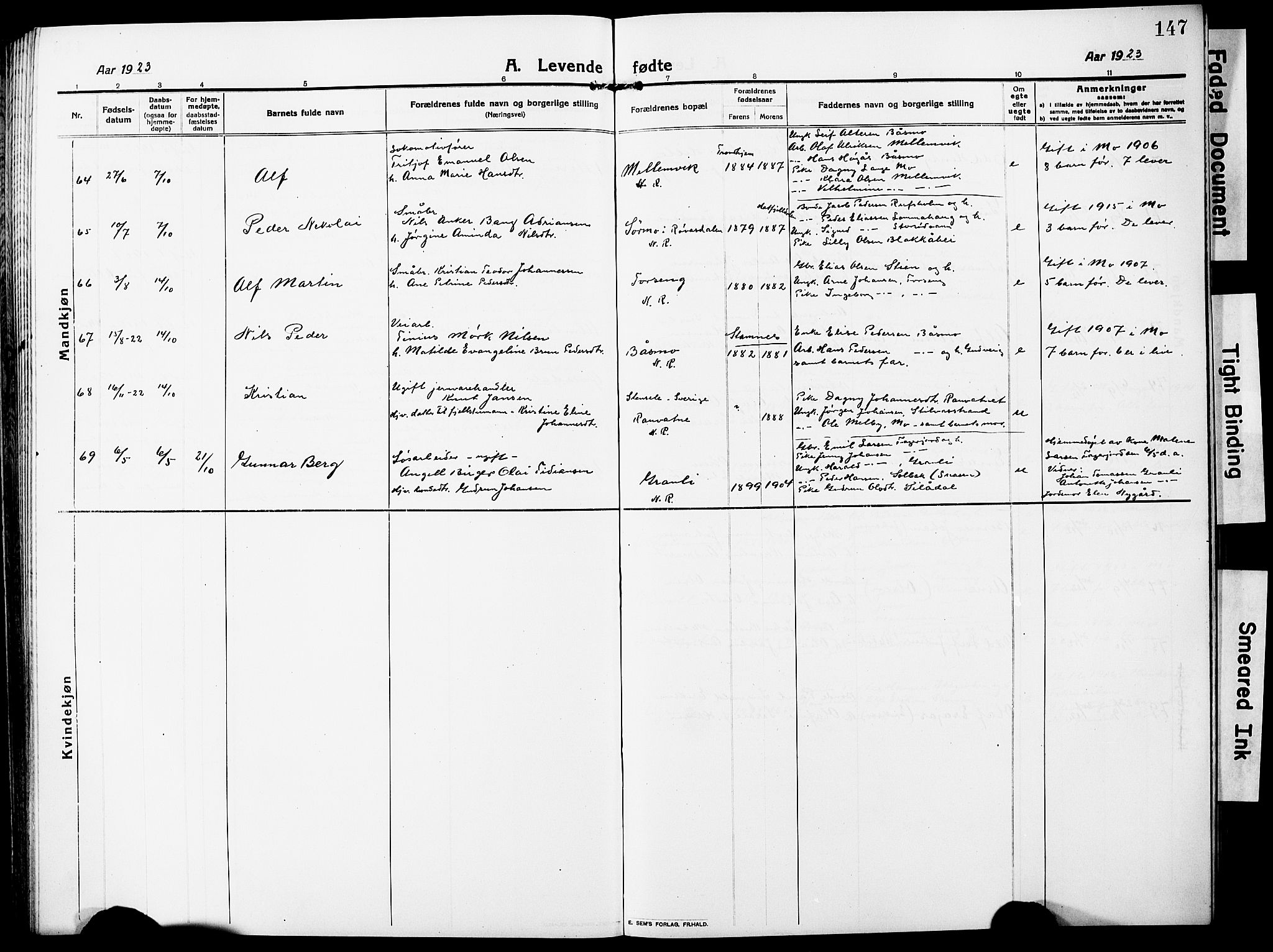 Ministerialprotokoller, klokkerbøker og fødselsregistre - Nordland, AV/SAT-A-1459/827/L0423: Klokkerbok nr. 827C12, 1912-1930, s. 147