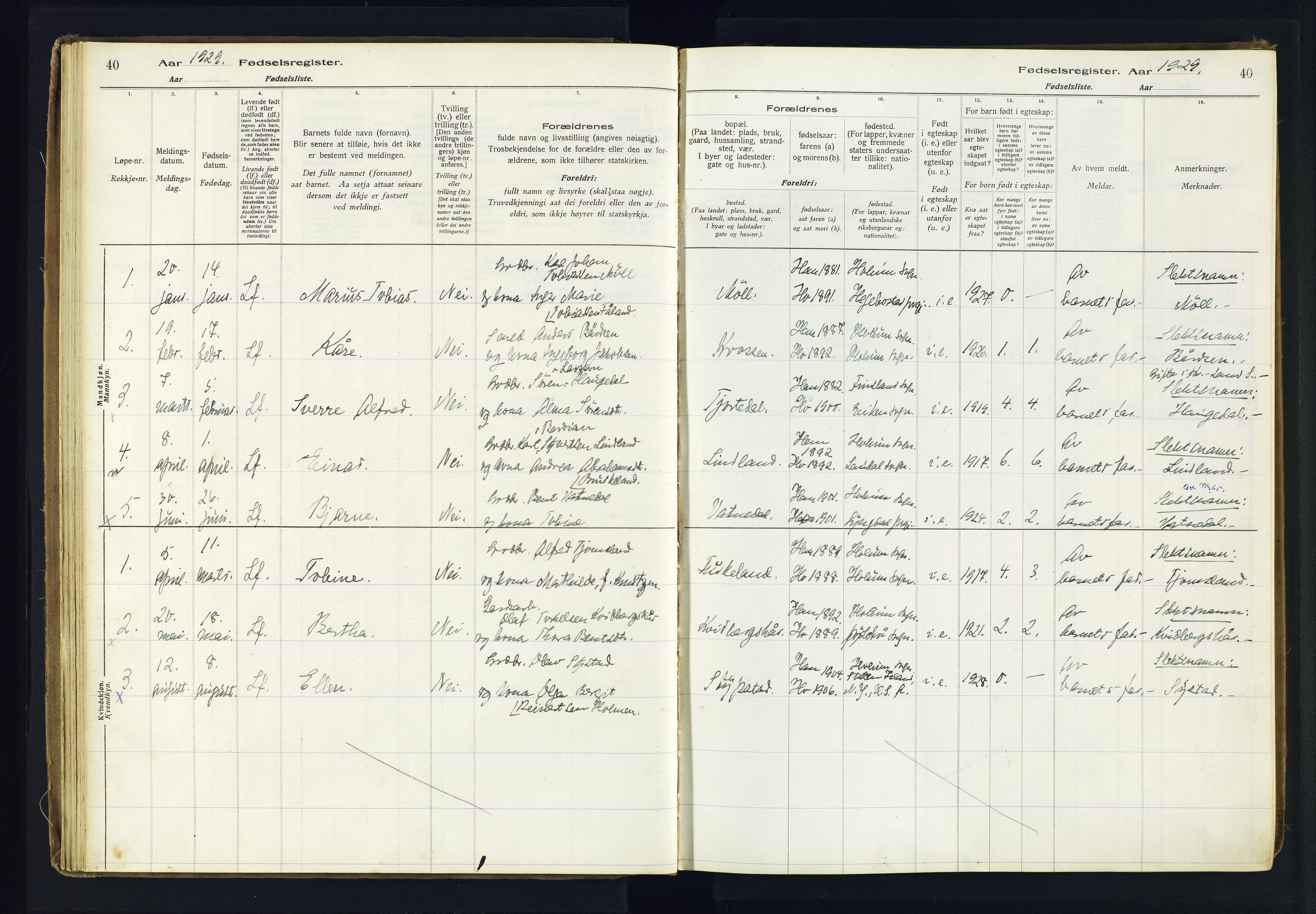 Holum sokneprestkontor, AV/SAK-1111-0022/J/Ja/L0003: Fødselsregister nr. II.6.12, 1916-1982, s. 40