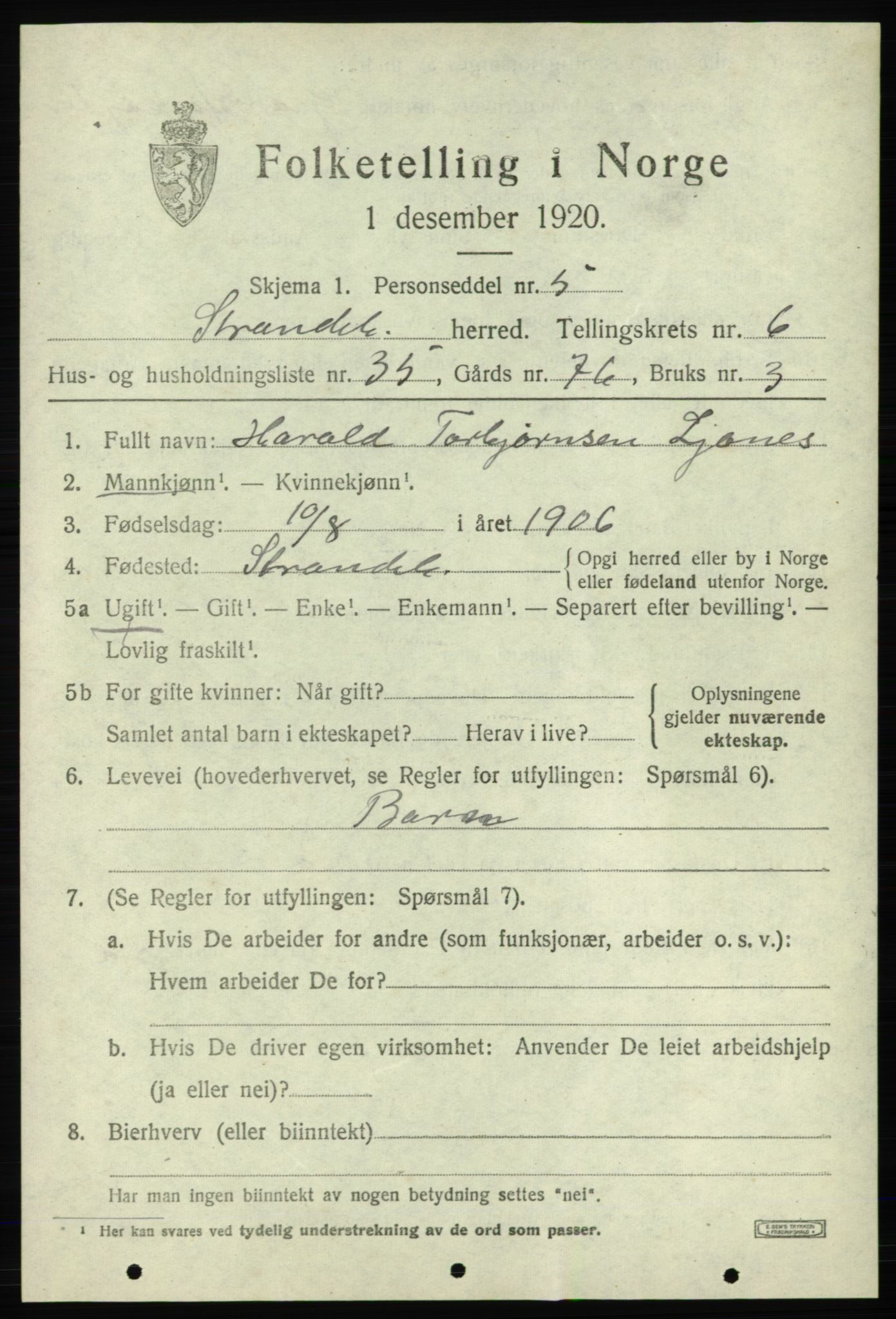SAB, Folketelling 1920 for 1226 Strandebarm herred, 1920, s. 4278