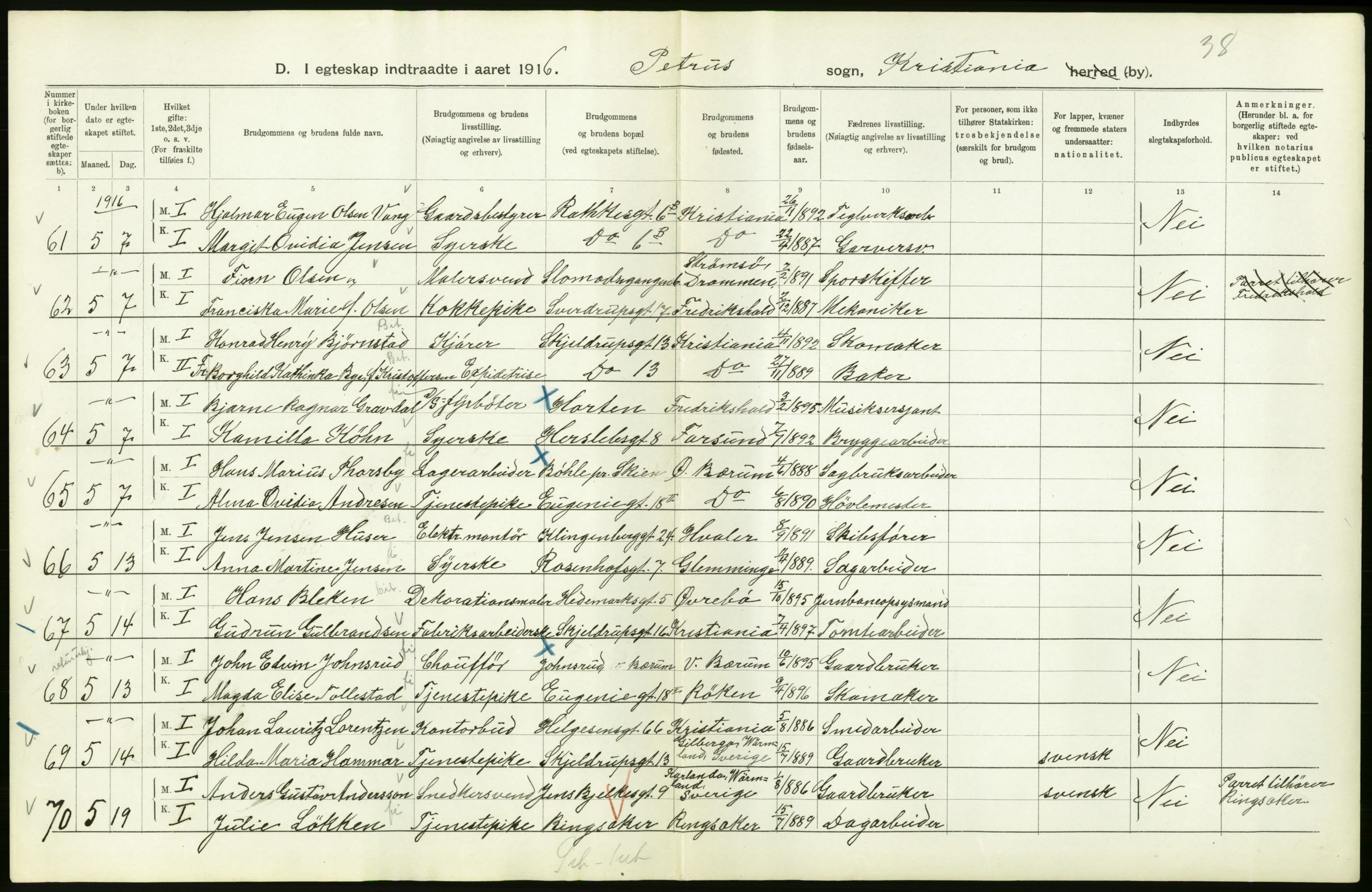 Statistisk sentralbyrå, Sosiodemografiske emner, Befolkning, AV/RA-S-2228/D/Df/Dfb/Dfbf/L0008: Kristiania: Gifte, 1916, s. 16