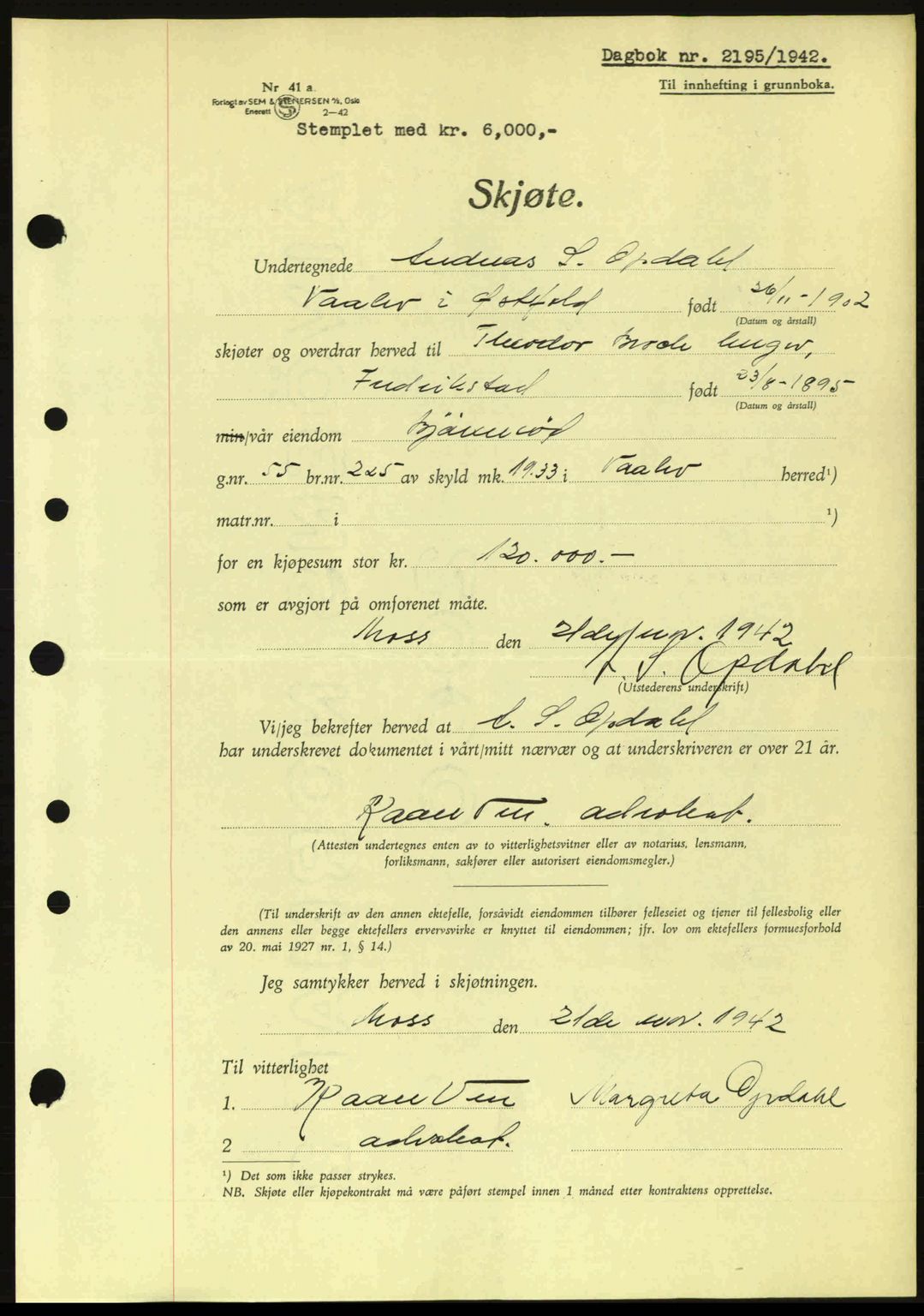 Moss sorenskriveri, SAO/A-10168: Pantebok nr. A10, 1942-1943, Dagboknr: 2195/1942