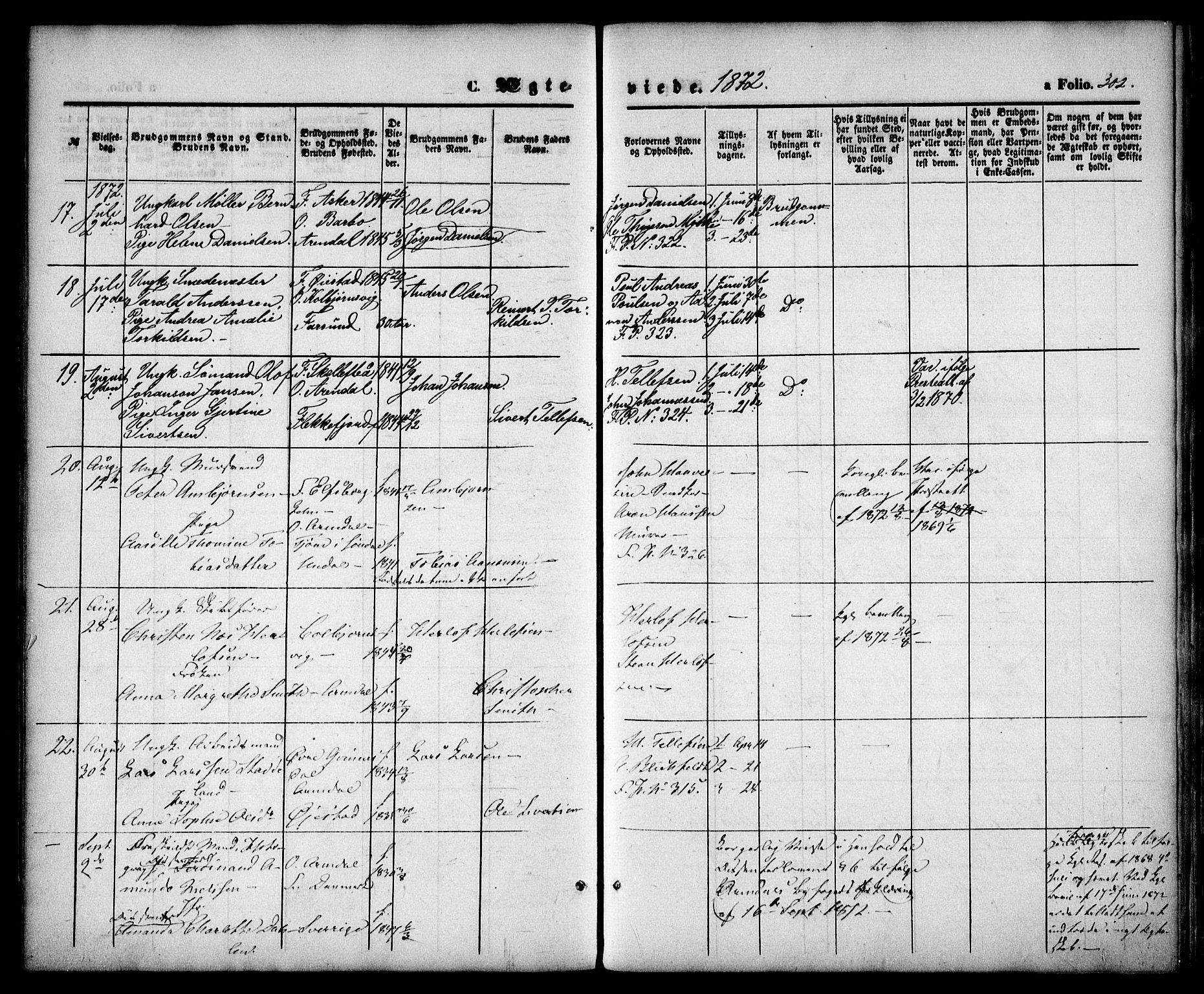 Arendal sokneprestkontor, Trefoldighet, SAK/1111-0040/F/Fa/L0007: Ministerialbok nr. A 7, 1868-1878, s. 302