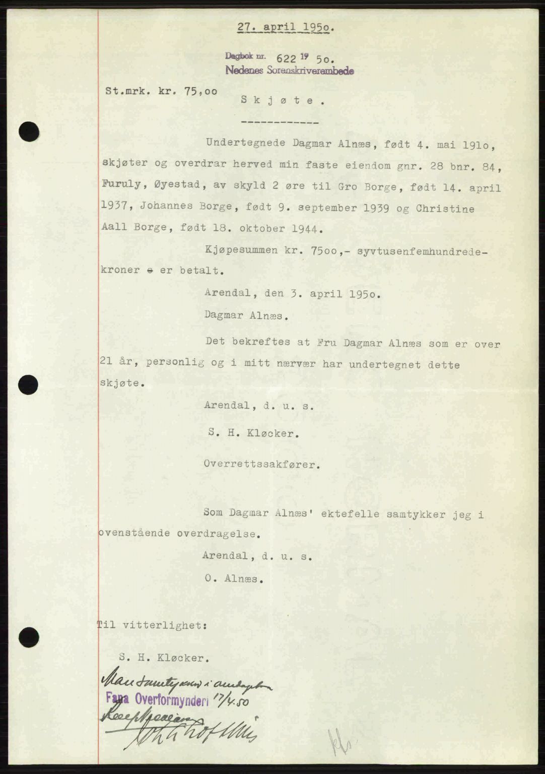 Nedenes sorenskriveri, AV/SAK-1221-0006/G/Gb/Gba/L0062: Pantebok nr. A14, 1949-1950, Dagboknr: 622/1950