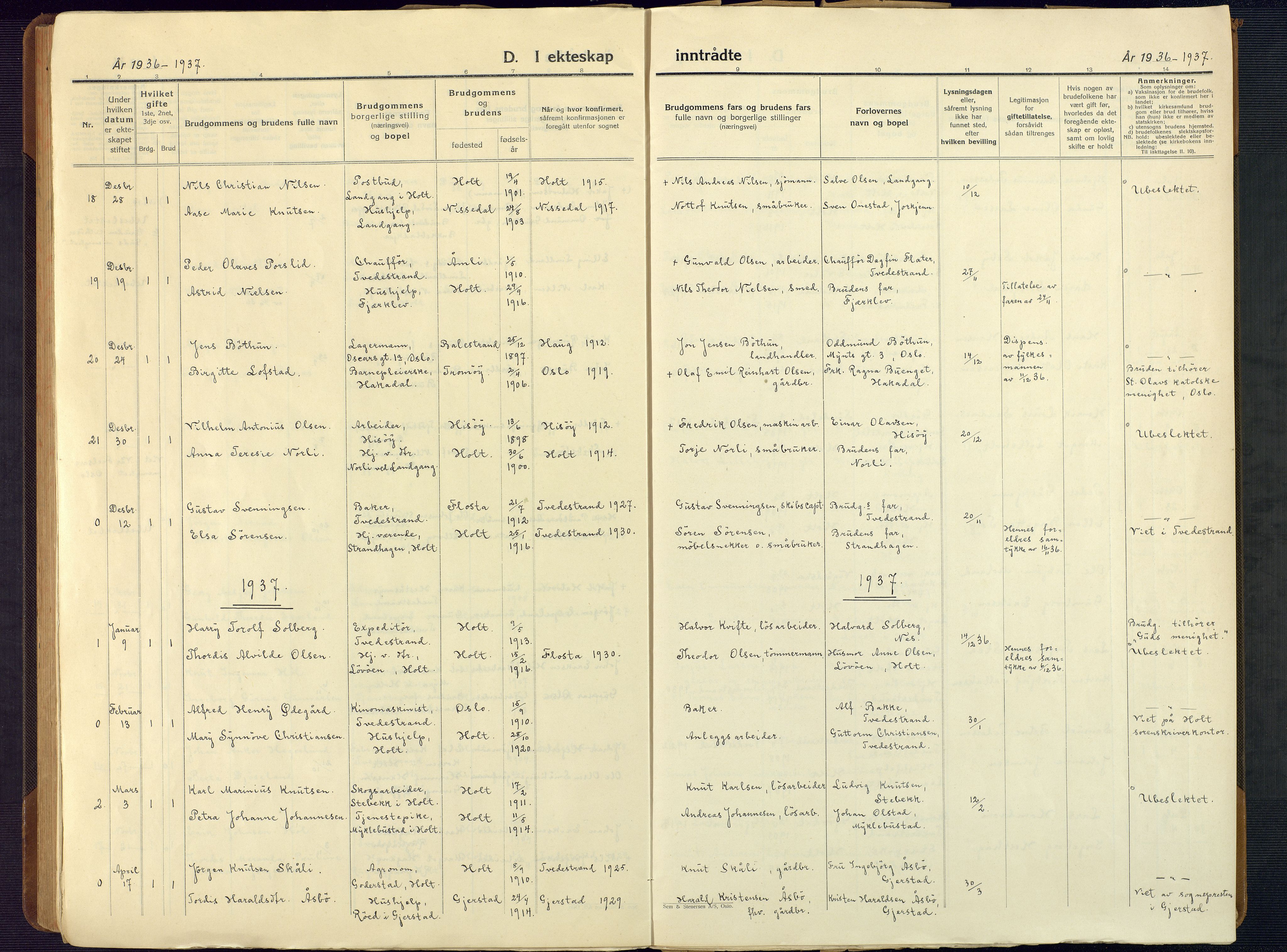 Holt sokneprestkontor, AV/SAK-1111-0021/F/Fb/L0012: Klokkerbok nr. B 12, 1919-1944