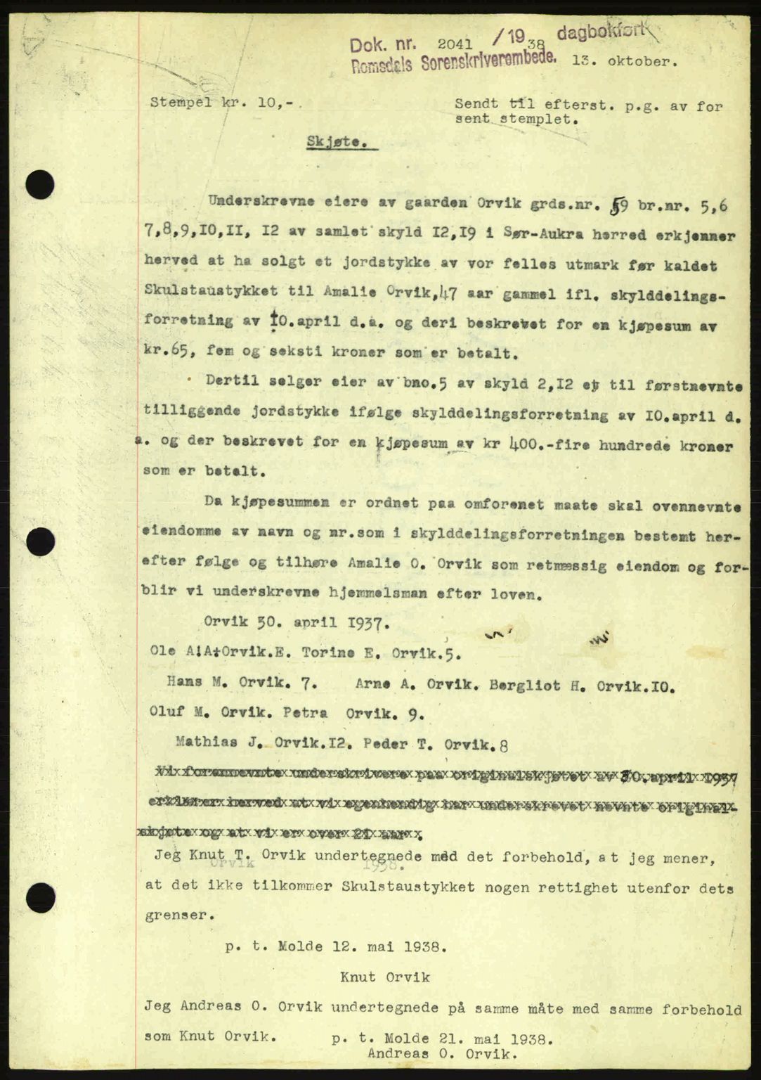 Romsdal sorenskriveri, SAT/A-4149/1/2/2C: Pantebok nr. A5, 1938-1938, Dagboknr: 2041/1938