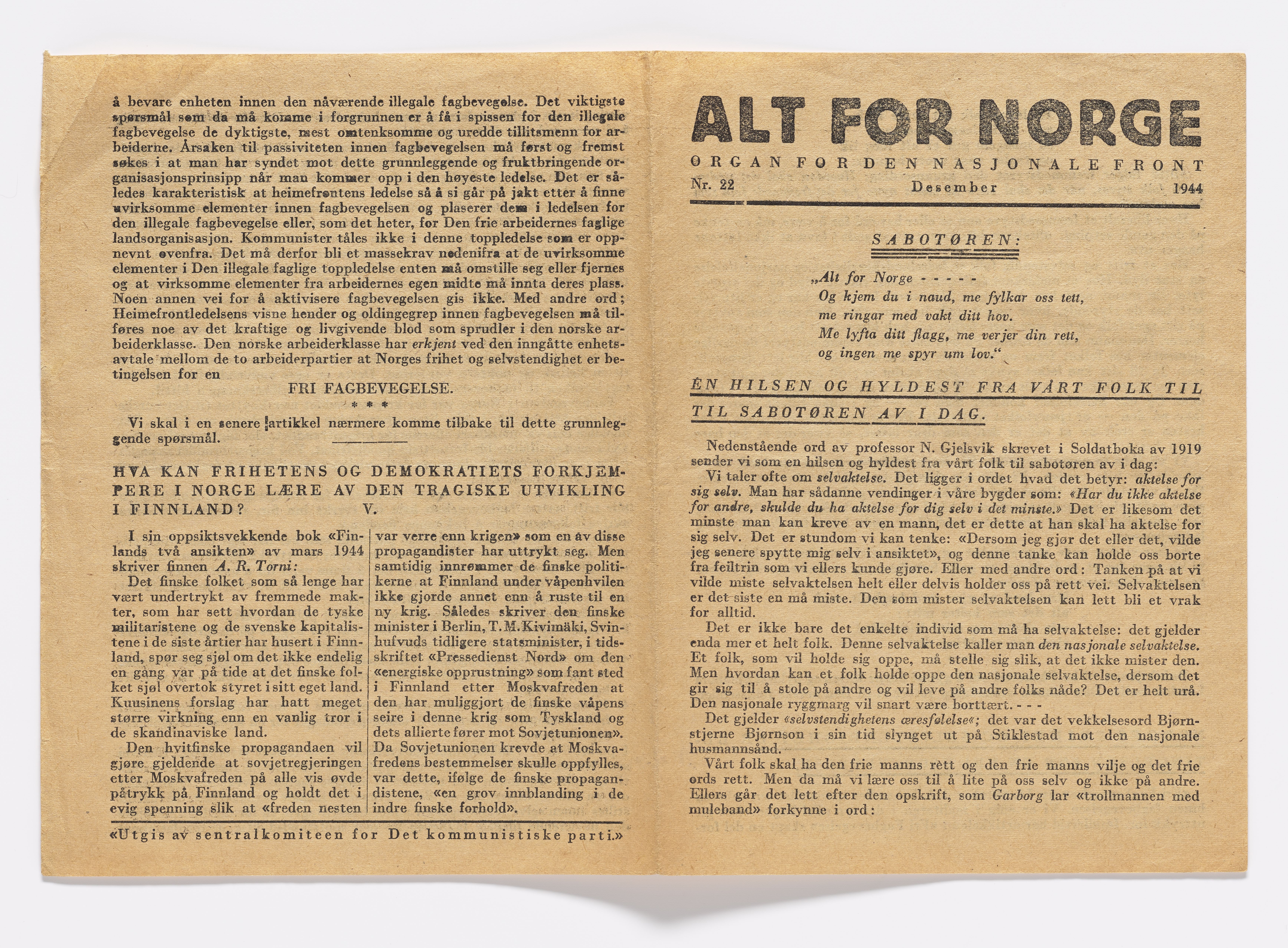 Thomas Rønnow, AFM/GRI-1014/Z/Za/L0001/0003: Pampletter og avis / Alt for Norge, 1944-1945