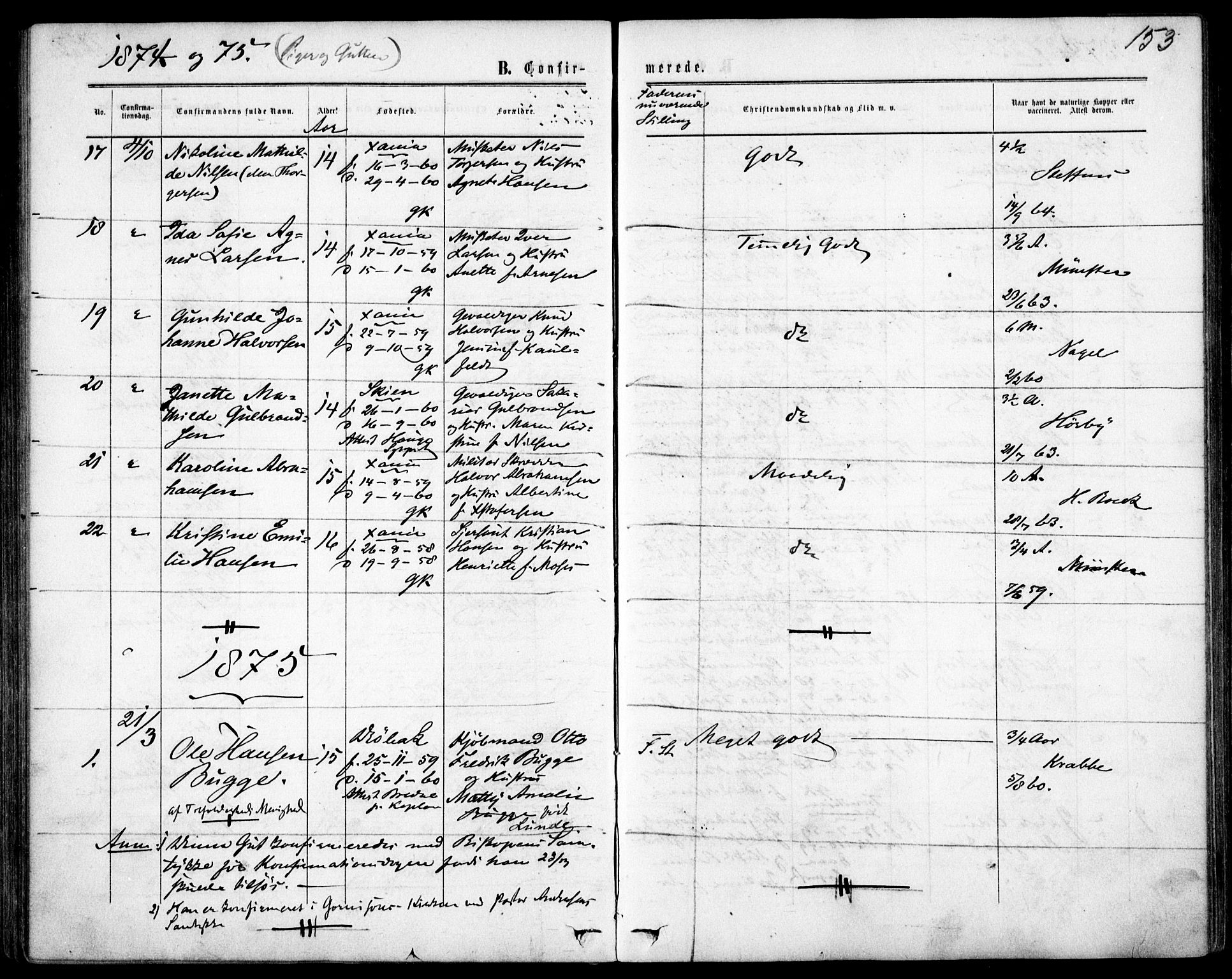 Garnisonsmenigheten Kirkebøker, AV/SAO-A-10846/F/Fa/L0011: Ministerialbok nr. 11, 1870-1880, s. 153