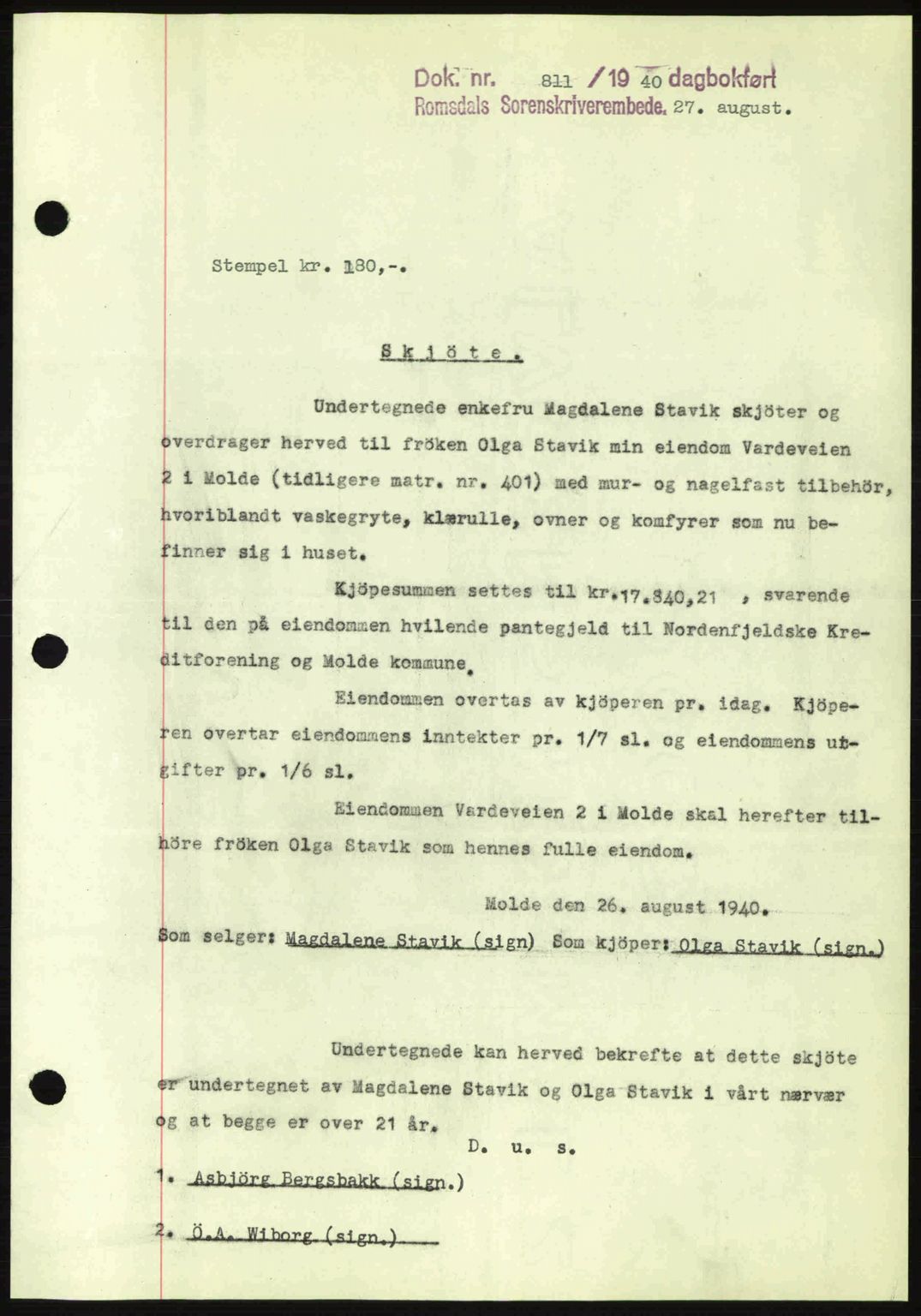 Romsdal sorenskriveri, AV/SAT-A-4149/1/2/2C: Pantebok nr. A8, 1939-1940, Dagboknr: 811/1940