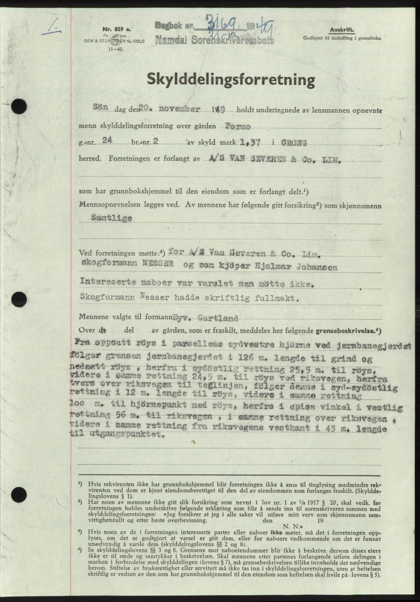 Namdal sorenskriveri, SAT/A-4133/1/2/2C: Pantebok nr. -, 1949-1949, Dagboknr: 3169/1949
