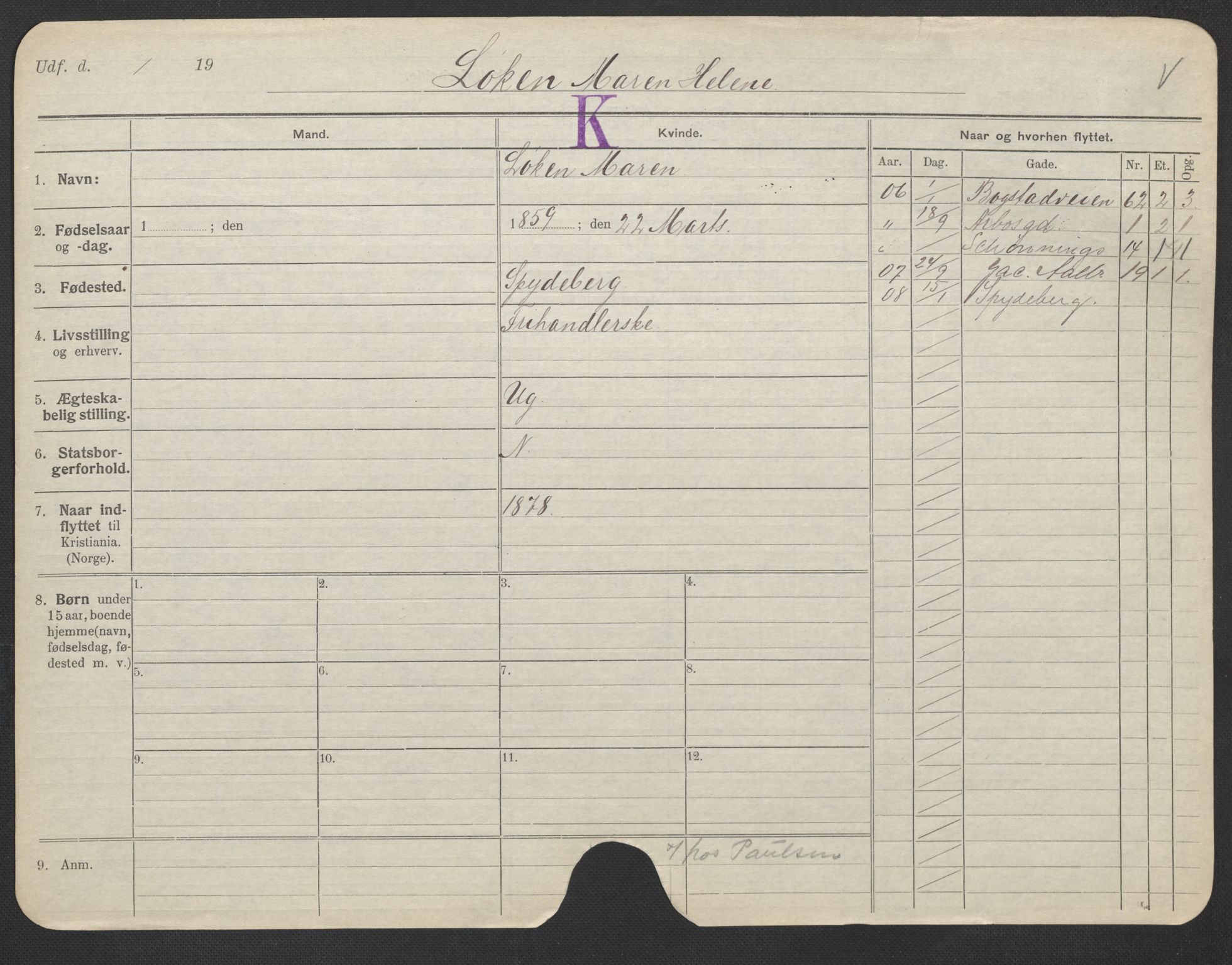 Oslo folkeregister, Registerkort, AV/SAO-A-11715/F/Fa/Fac/L0020: Kvinner, 1906-1914, s. 404a