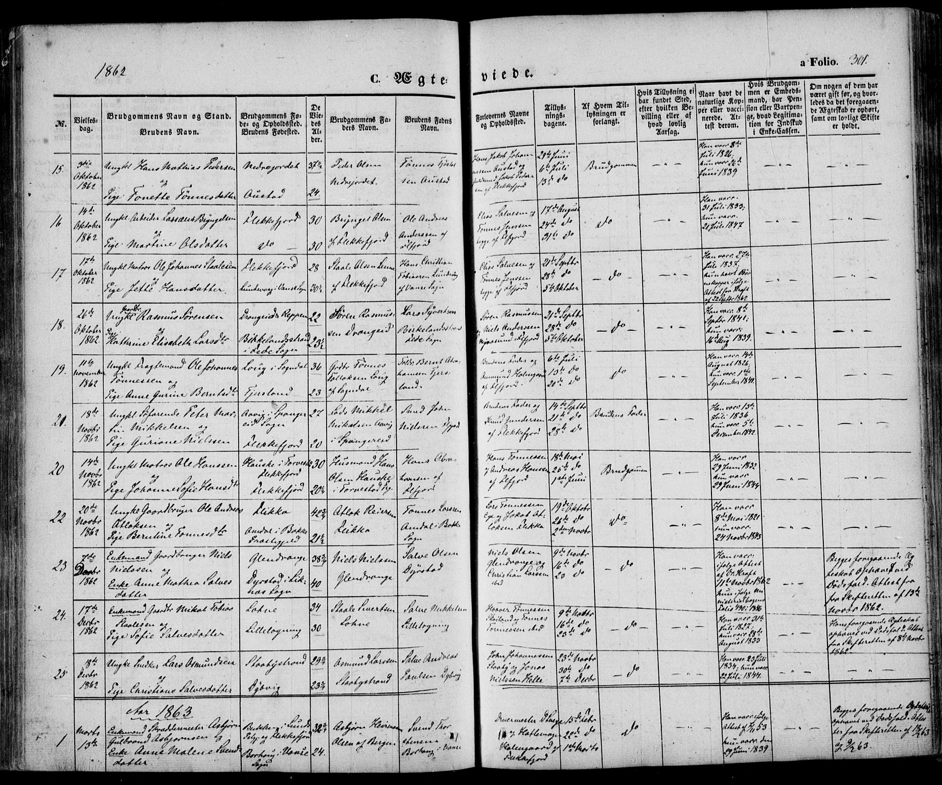 Flekkefjord sokneprestkontor, AV/SAK-1111-0012/F/Fa/Fac/L0005: Ministerialbok nr. A 5, 1849-1875, s. 301