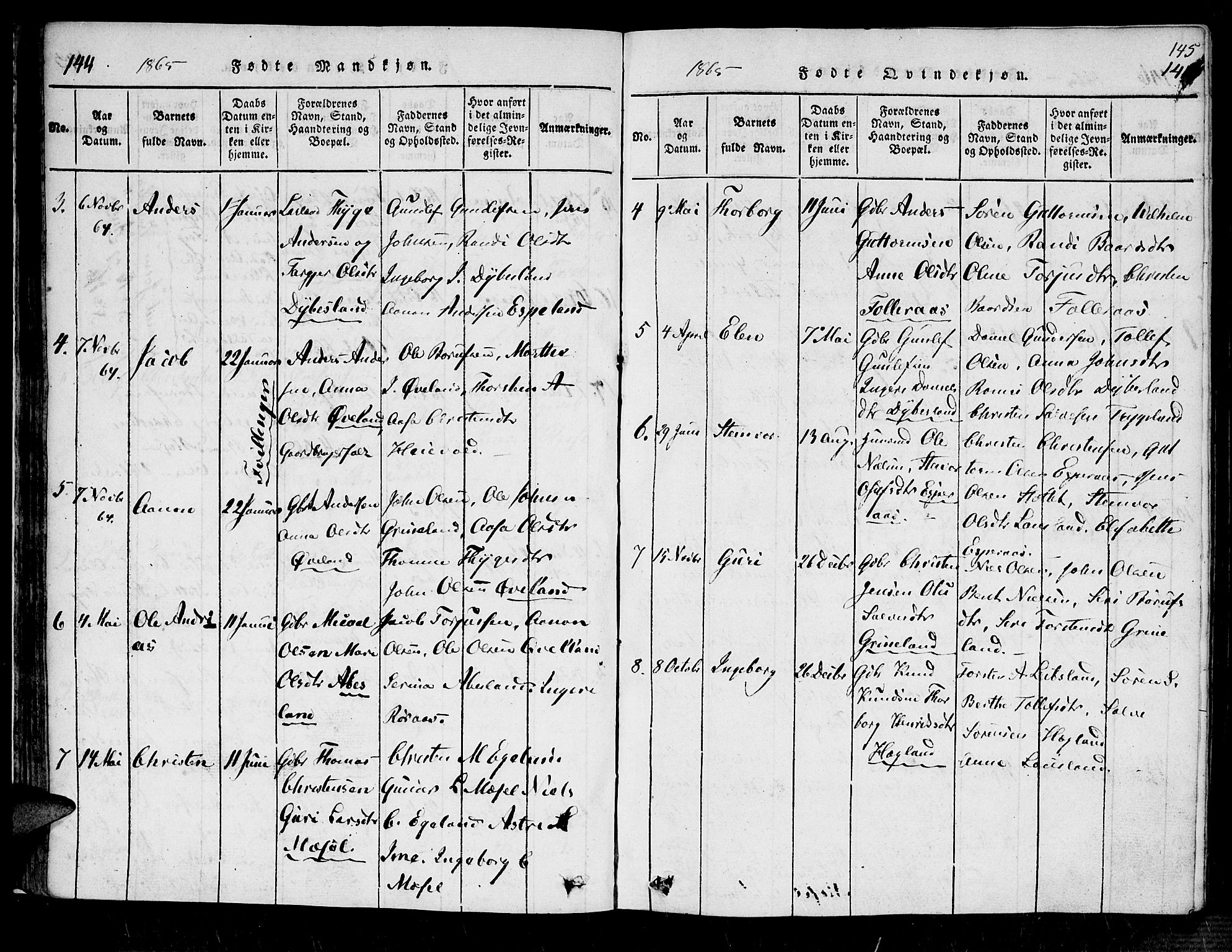 Bjelland sokneprestkontor, SAK/1111-0005/F/Fa/Fab/L0002: Ministerialbok nr. A 2, 1816-1869, s. 144-145