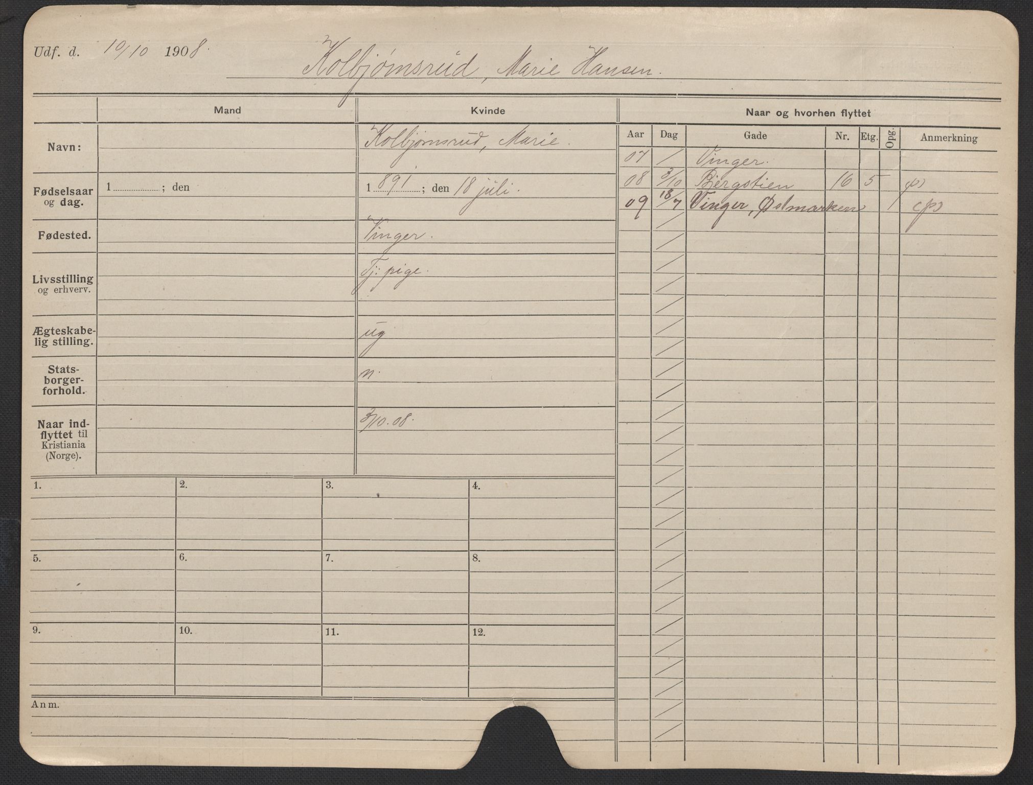 Oslo folkeregister, Registerkort, AV/SAO-A-11715/F/Fa/Fac/L0019: Kvinner, 1906-1914, s. 6a