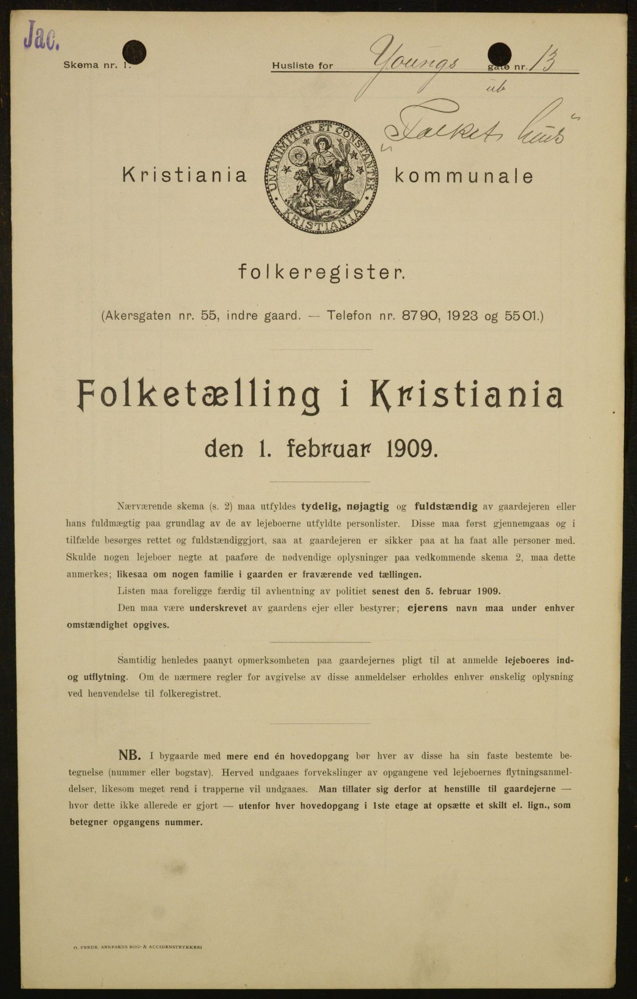 OBA, Kommunal folketelling 1.2.1909 for Kristiania kjøpstad, 1909, s. 116771