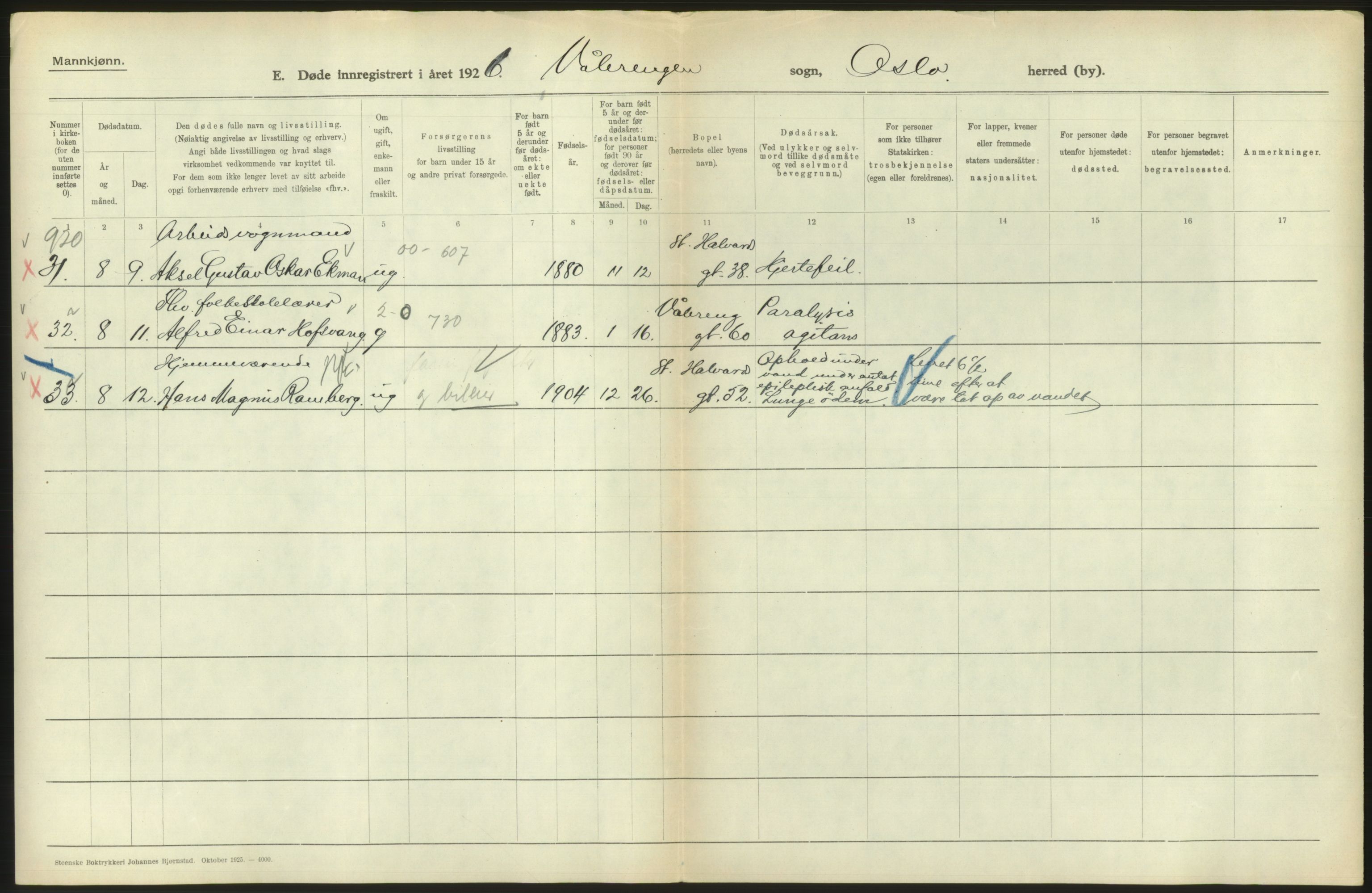 Statistisk sentralbyrå, Sosiodemografiske emner, Befolkning, AV/RA-S-2228/D/Df/Dfc/Dfcf/L0009: Oslo: Døde menn, 1926, s. 352