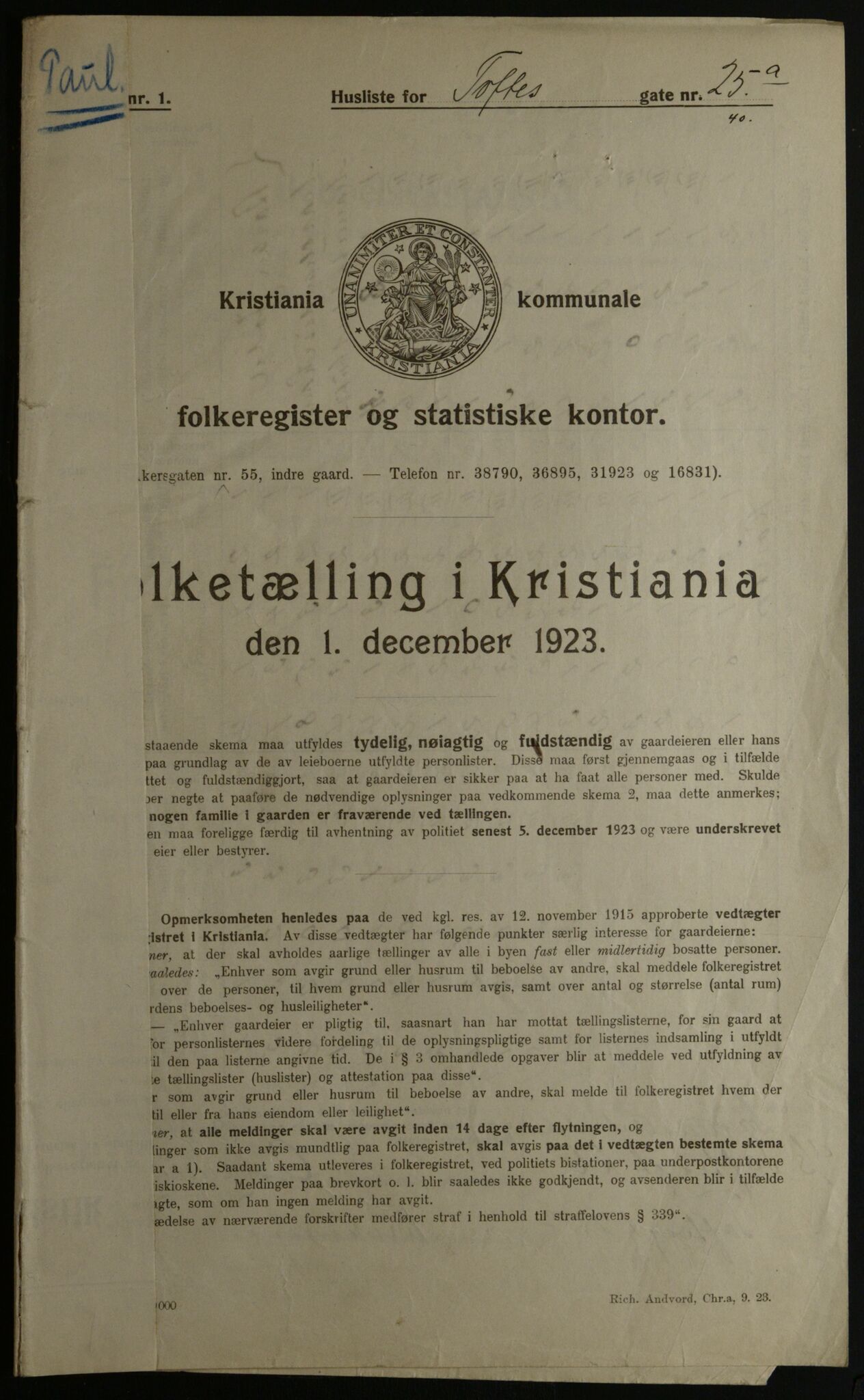 OBA, Kommunal folketelling 1.12.1923 for Kristiania, 1923, s. 123611