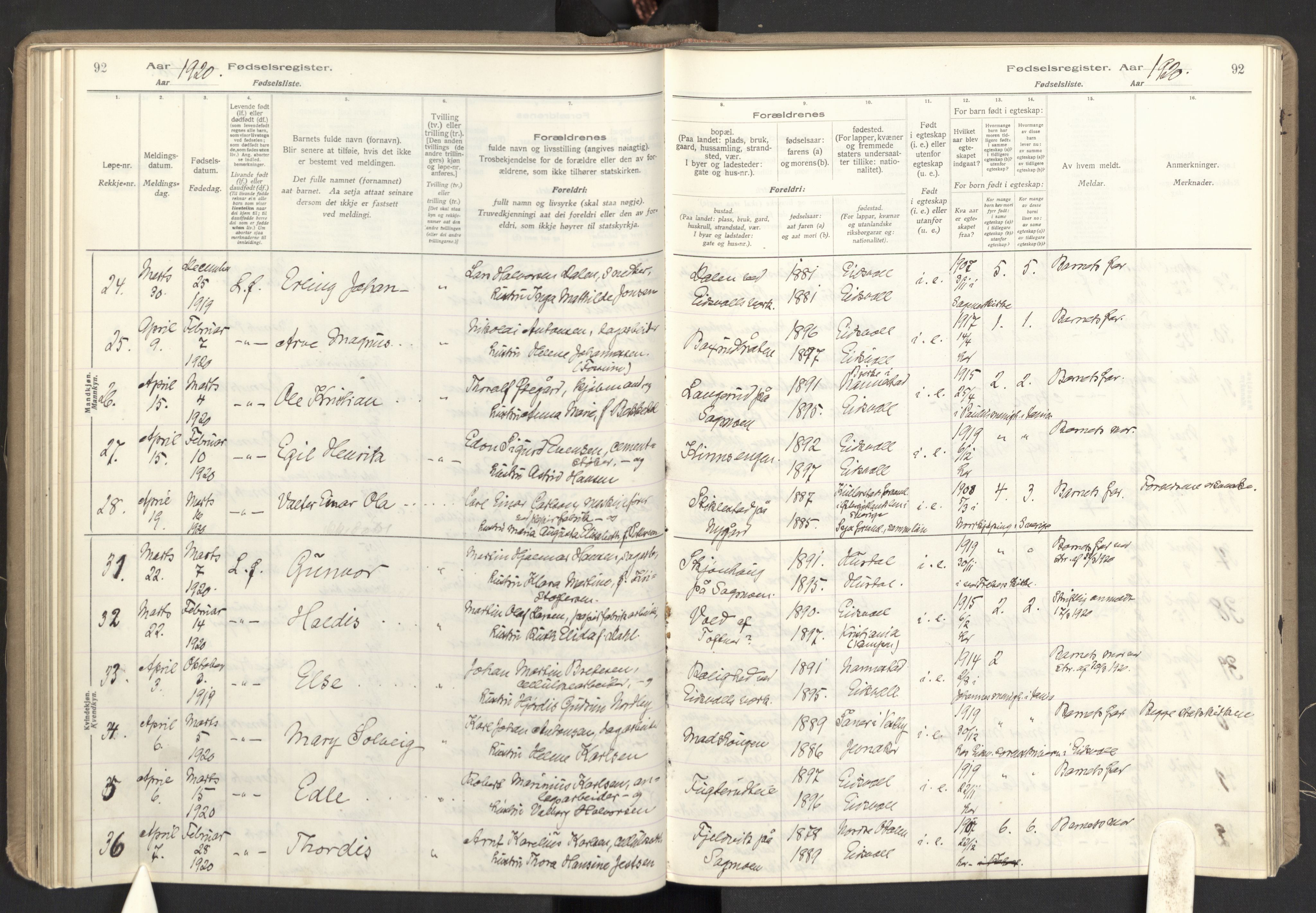 Eidsvoll prestekontor Kirkebøker, AV/SAO-A-10888/J/Ja/L0001: Fødselsregister nr. I 1, 1916-1924, s. 92