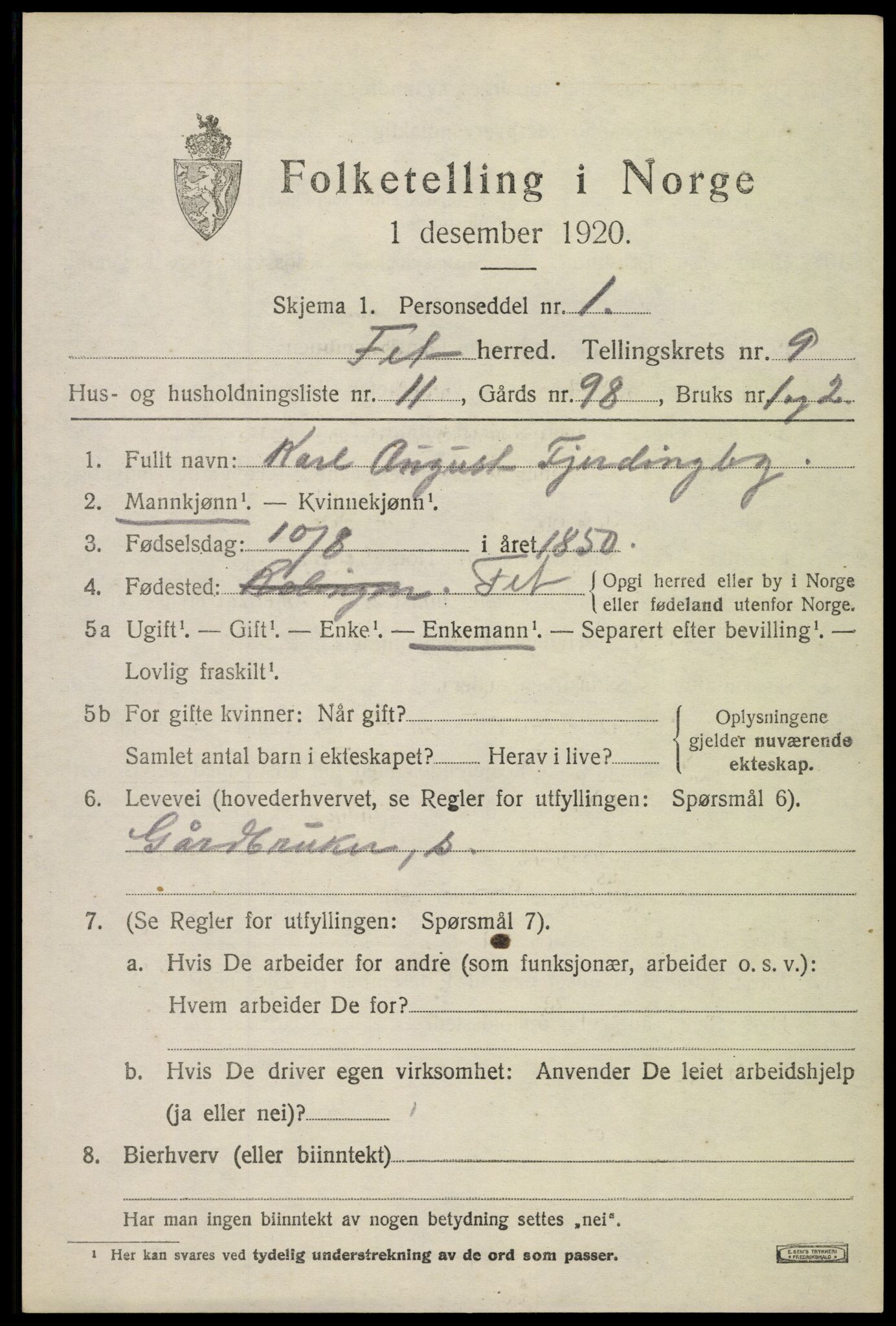 SAO, Folketelling 1920 for 0227 Fet herred, 1920, s. 9596