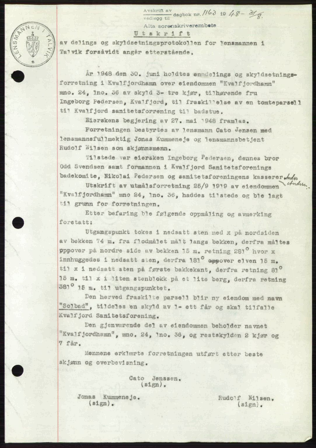 Alta fogderi/sorenskriveri, AV/SATØ-SATØ-5/1/K/Kd/L0037pantebok: Pantebok nr. 39-40, 1948-1949, Dagboknr: 1163/1948