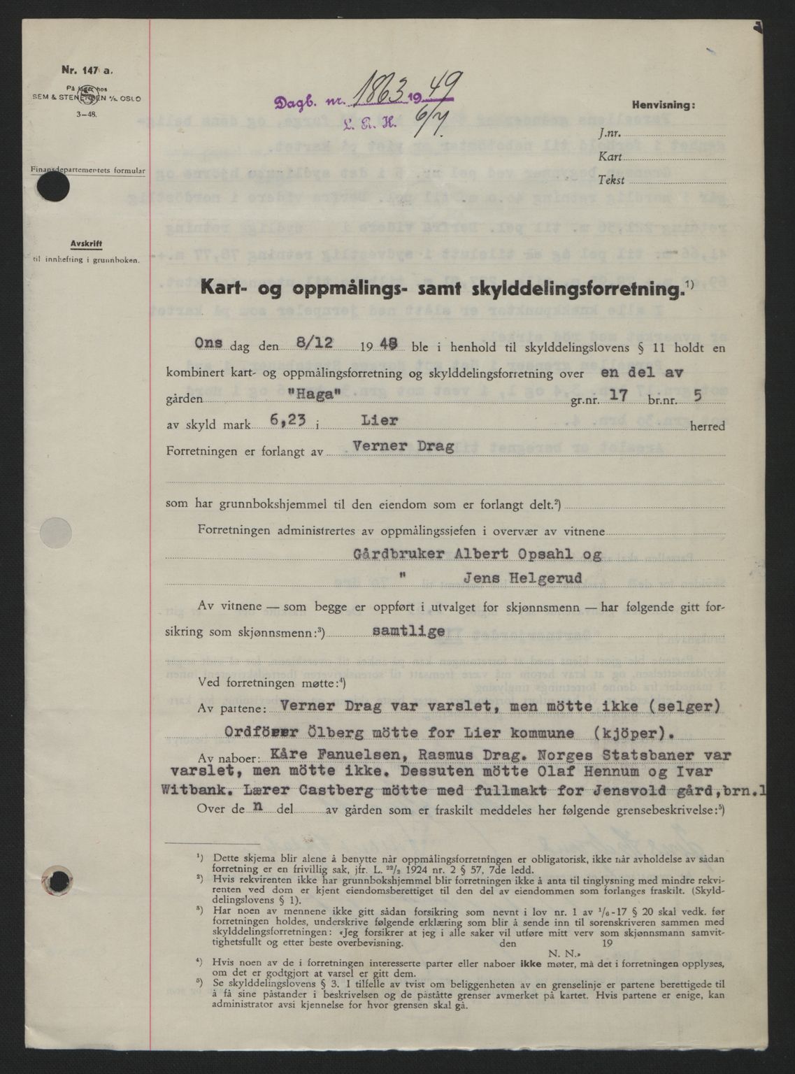 Lier, Røyken og Hurum sorenskriveri, SAKO/A-89/G/Ga/Gab/L0101: Pantebok nr. 101, 1949-1949, Dagboknr: 1863/1949