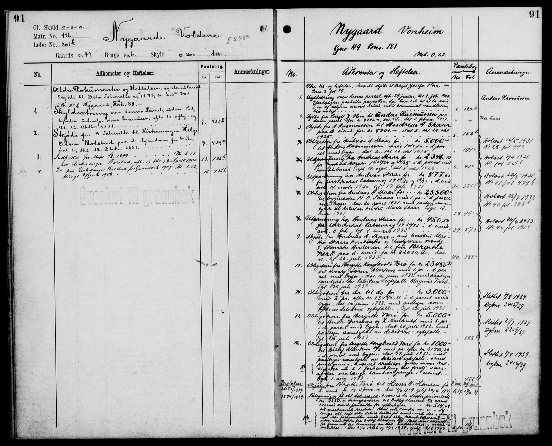 Midhordland sorenskriveri, AV/SAB-A-3001/1/G/Ga/Gab/L0110: Panteregister nr. II.A.b.110, s. 91