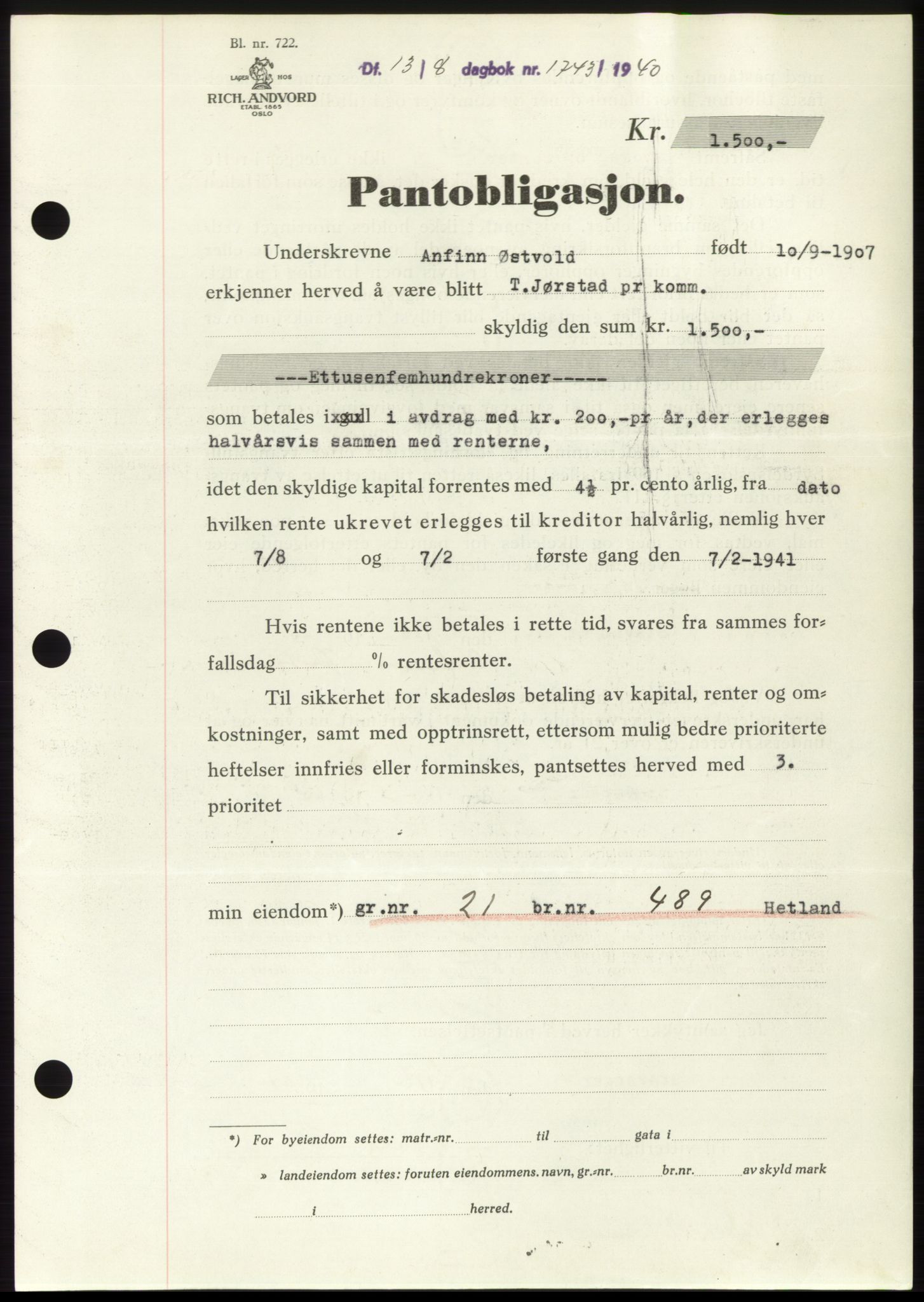 Jæren sorenskriveri, SAST/A-100310/03/G/Gba/L0078: Pantebok, 1940-1940, Dagboknr: 1743/1940