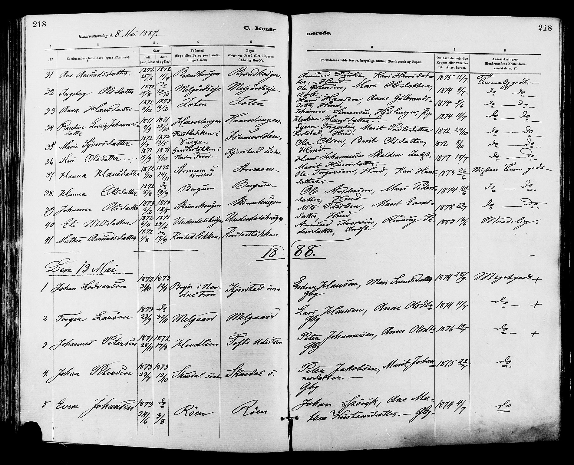 Sør-Fron prestekontor, AV/SAH-PREST-010/H/Ha/Haa/L0003: Ministerialbok nr. 3, 1881-1897, s. 218